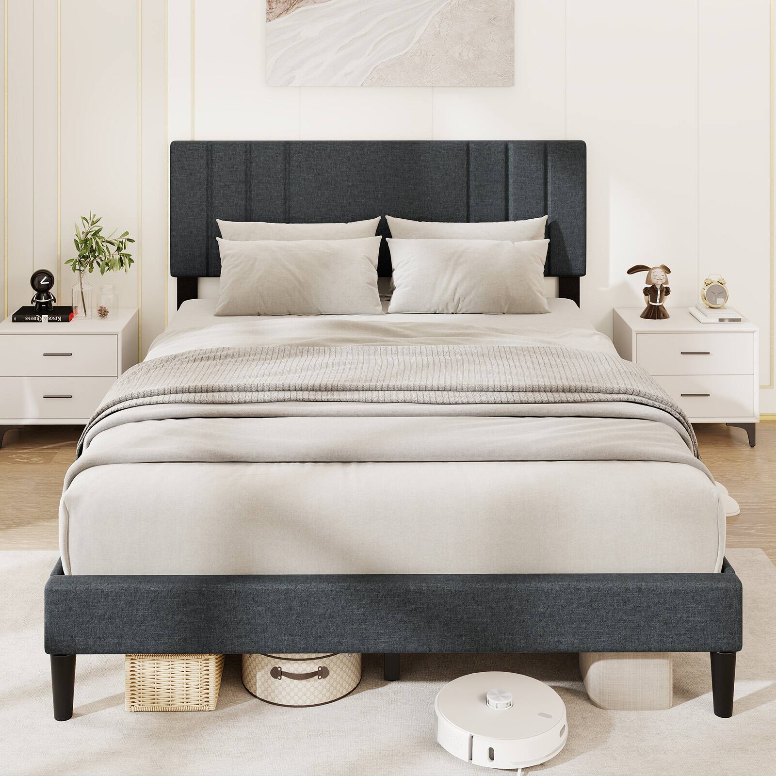 Alt View 3. Gymax - Gymax Queen Size Bed Frame w/ Vertical Channel Tufted Headboard & Wooden Slats - Gray.