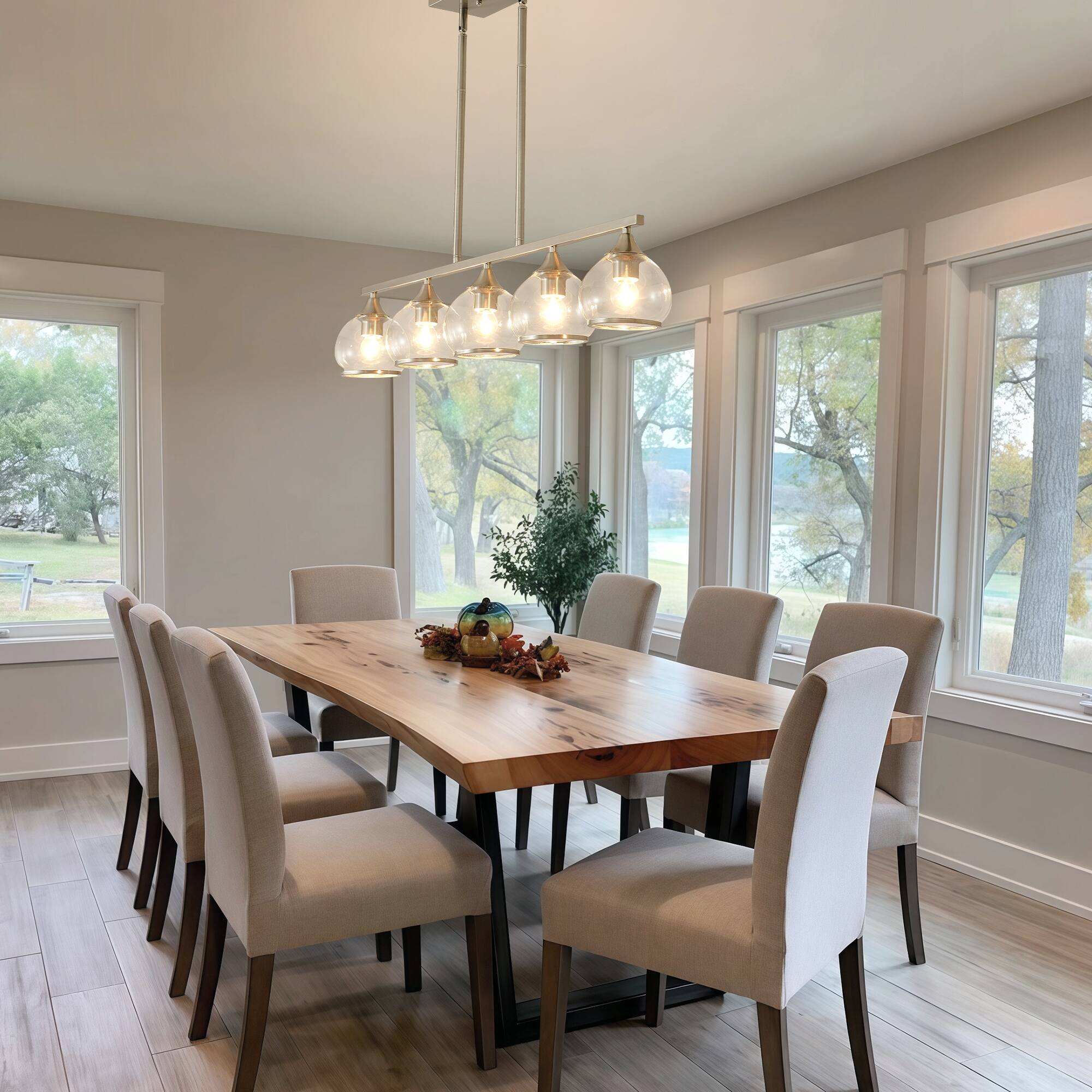 Left. RYHNUYNE - 5-Light Island Light for Kitchen,Brushed Nickel Dining Room Light Fixture,Modern Linear Chandelier Over Table for Dining - Brushed Nickel.