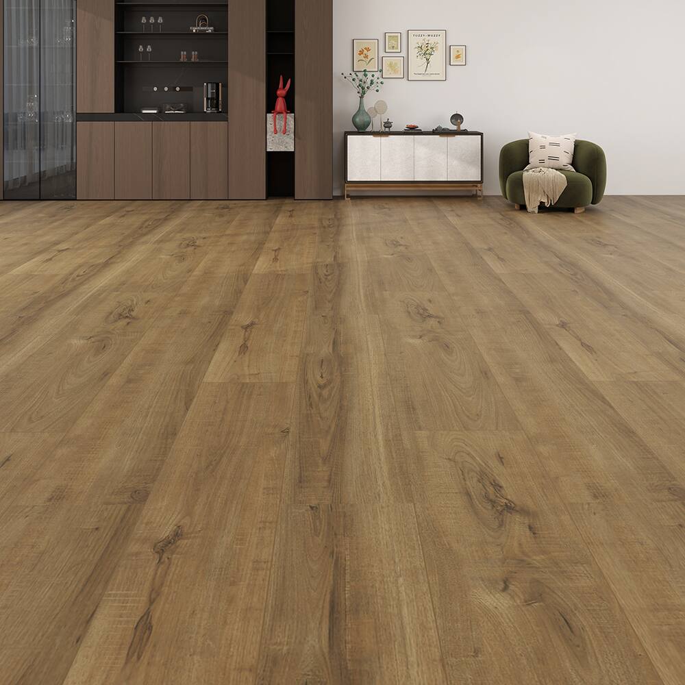 Left. Dotfloor - 62.6"x9" SPC Composite Flooring; 5 Planks/Box (19.56 sq. ft/Box); 8mm Thick with ; 30 mil Wear Layer; - Golden Valley.