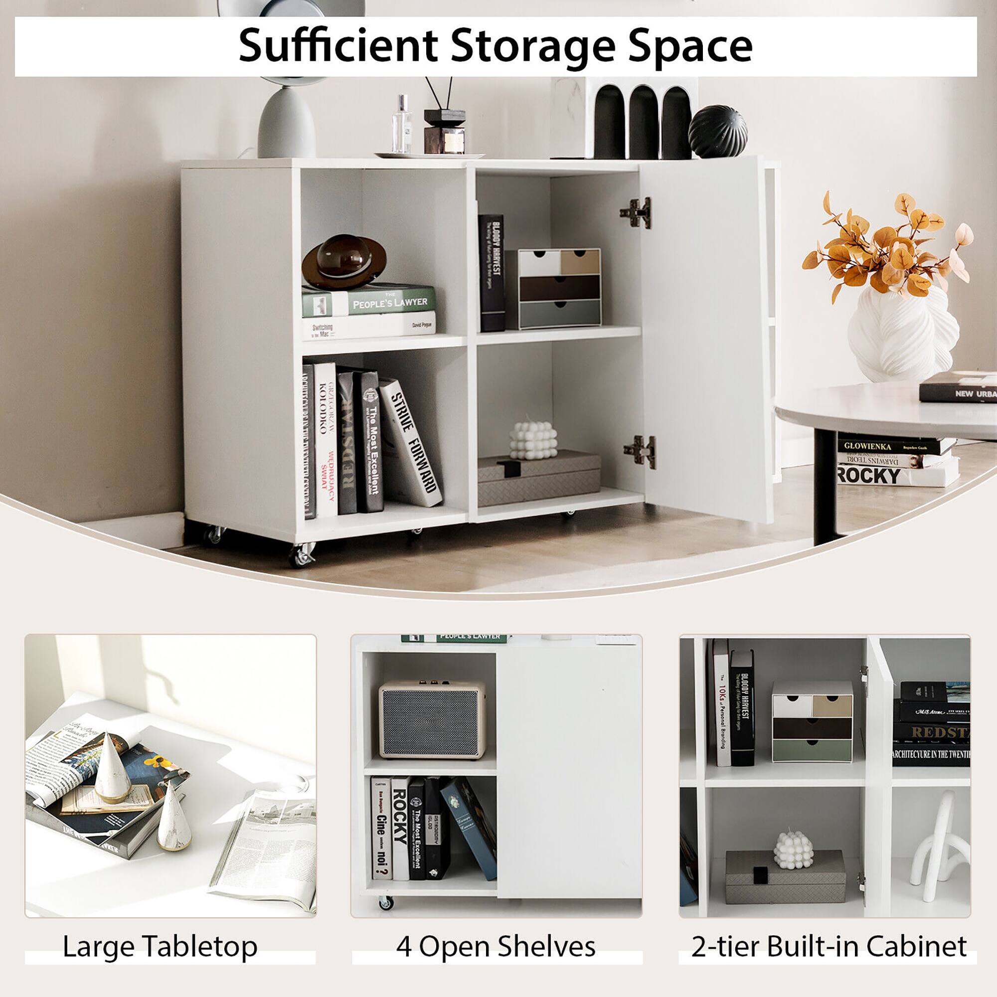Sufficient Storage Space

Large Tabletop
4 Open Shelves
2-tier Built-in Cabinet