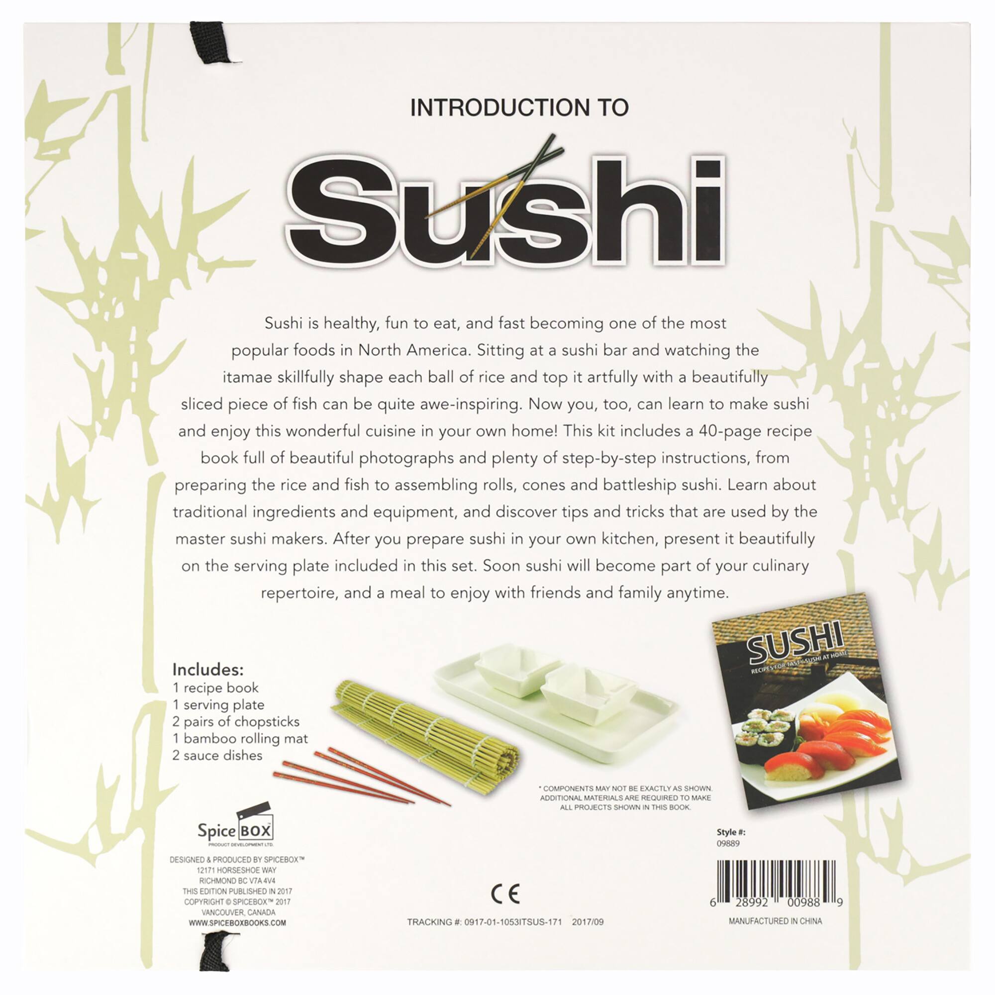 Introduction to Sushi:

Sushi is a healthy, fun, and fast-becoming popular food in North America. Sitting at a sushi bar and watching the itamae skillfully shape each ball of rice and top it artfully with beautifully sliced pieces of fish can be quite awe-inspiring. Now, you too can learn to make sushi and enjoy this wonderful cuisine in your own home!

This kit includes a 40-page recipe book full of beautiful photographs and plenty of step-by-step instructions, from preparing the rice and fish to assembling rolls, cones, and battleship sushi. Learn about traditional ingredients and equipment, and discover tips and tricks used by master sushi makers.

After preparing sushi in your own kitchen, present it beautifully on the serving plate included in this set. Soon, sushi will become part of your culinary repertoire, and a meal to enjoy with friends and family anytime.

This kit includes:
- recipe book
- serving plate
- pairs of chopsticks