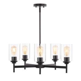 Jonathan Y - Orpheus 24" 5-Light Farmhouse Industrial Iron Cylinder LED Chandelier, Oil Rubbed Bronze/Clear - Oil-Rubbed Bronze
