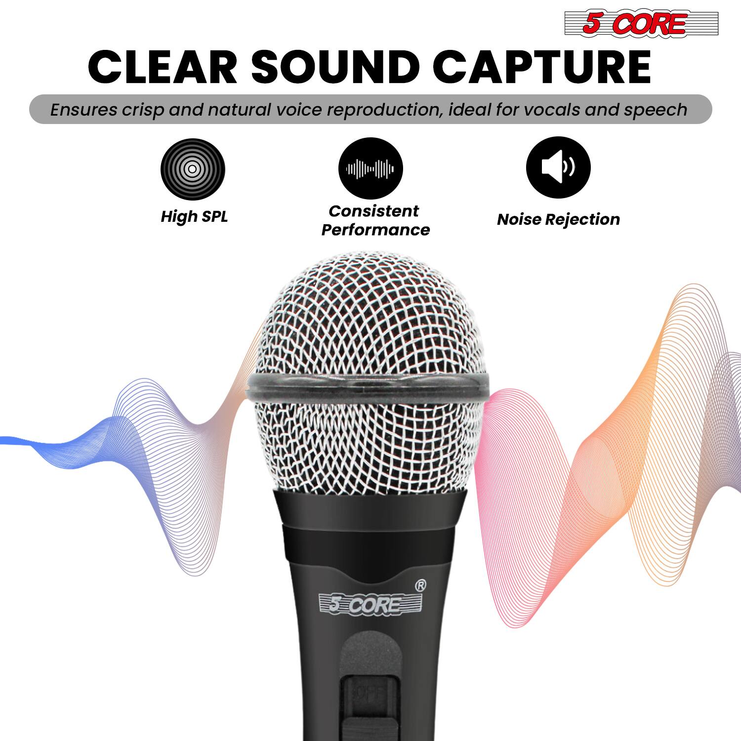 5 CORE CLEAR SOUND CAPTURE  
Ensures crisp and natural voice reproduction, ideal for vocals and speech  

- High SPL  
- Consistent Performance  
- Noise Rejection