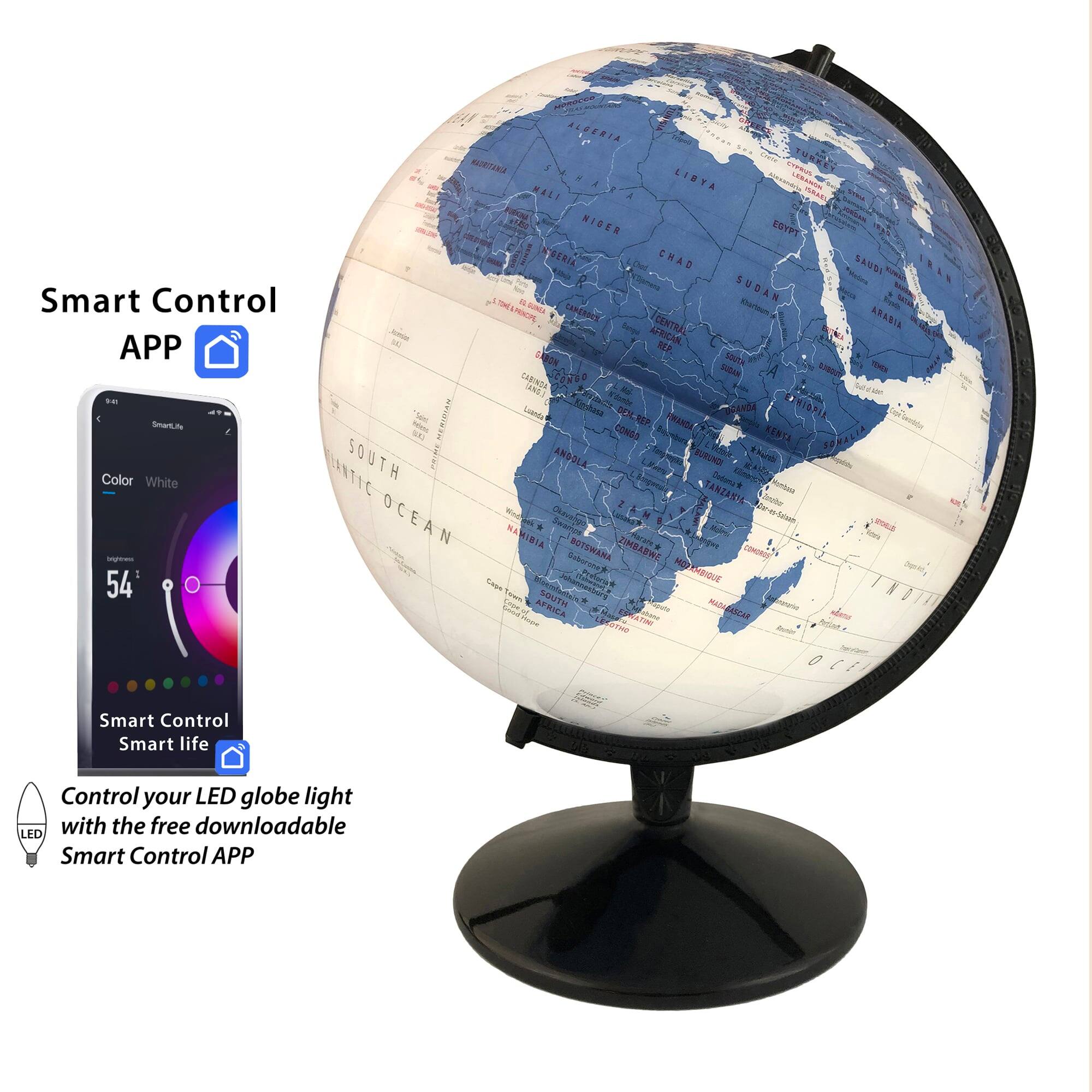Replogle - 12" Kristian Color Changing Globe, Durable Metal Stand, HD Map, LED Light, Educational with Remote App - White Ocean Political Globe