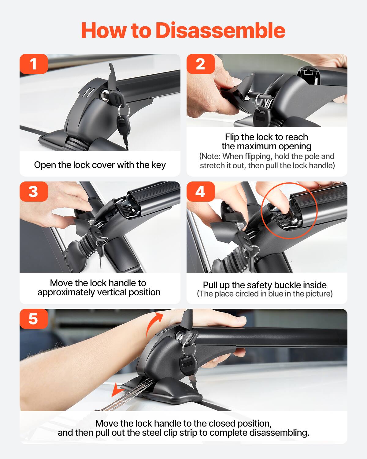 How to Disassemble
1. Open the lock cover with the key
2. Flip the lock to reach the maximum opening (Note: When flipping, hold the pole and stretch it out, then pull the lock handle)
3. Move the lock handle to approximately vertical position
4. Pull up the safety buckle inside (The place circled in blue in the picture)
5. Move the lock handle to the closed position, and then pull out the steel clip strip to complete disassembling.