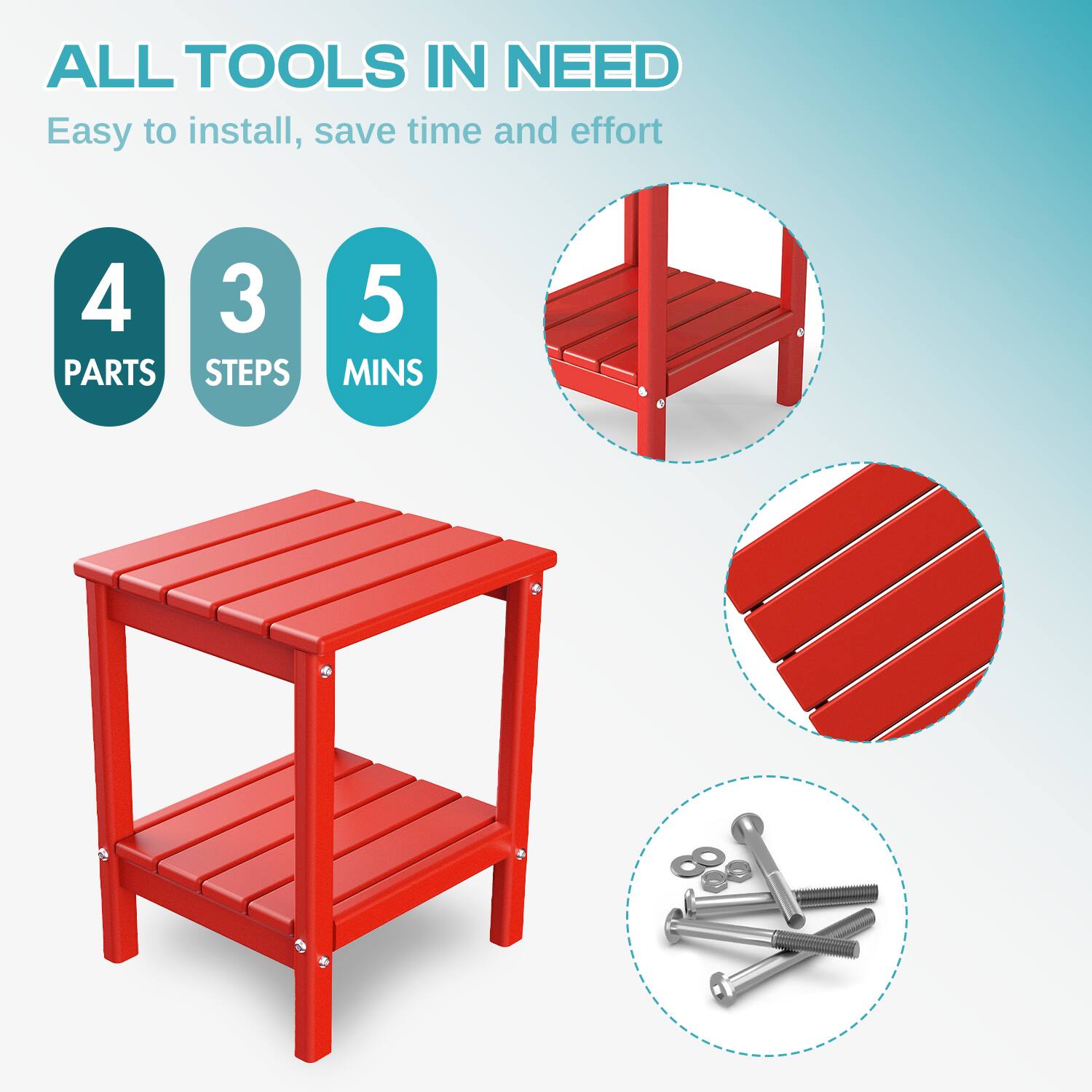 ALL TOOLS IN NEED  
Easy to install, save time and effort  

4 PARTS  
3 STEPS  
5 MINS