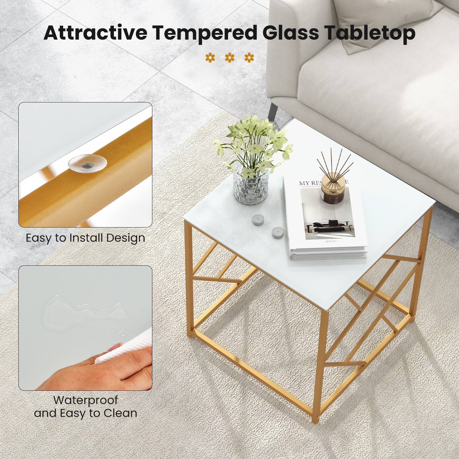 Attractive Tempered Glass Tabletop * Easy to Install Design * Waterproof and Easy to Clean