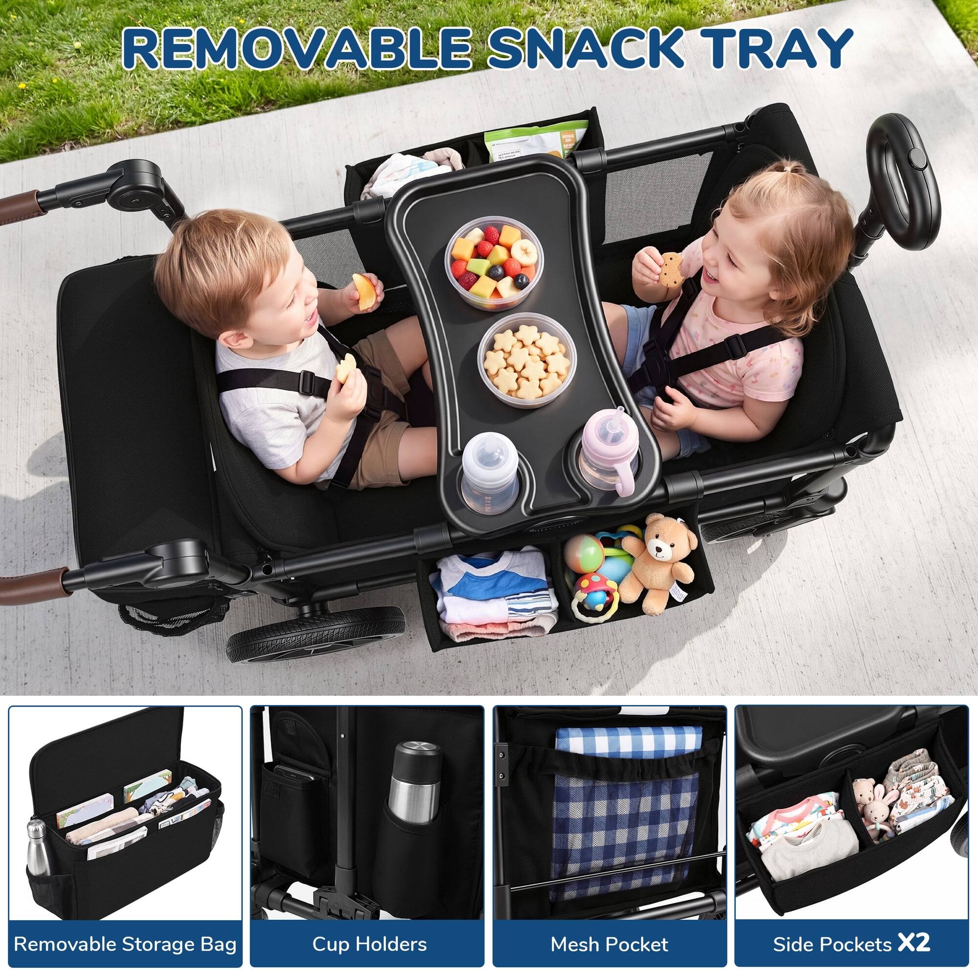 - REMOVABLE SNACK TRAY
- Removable Storage Bag
- Cup Holders
- Mesh Pocket
- Side Pockets X2