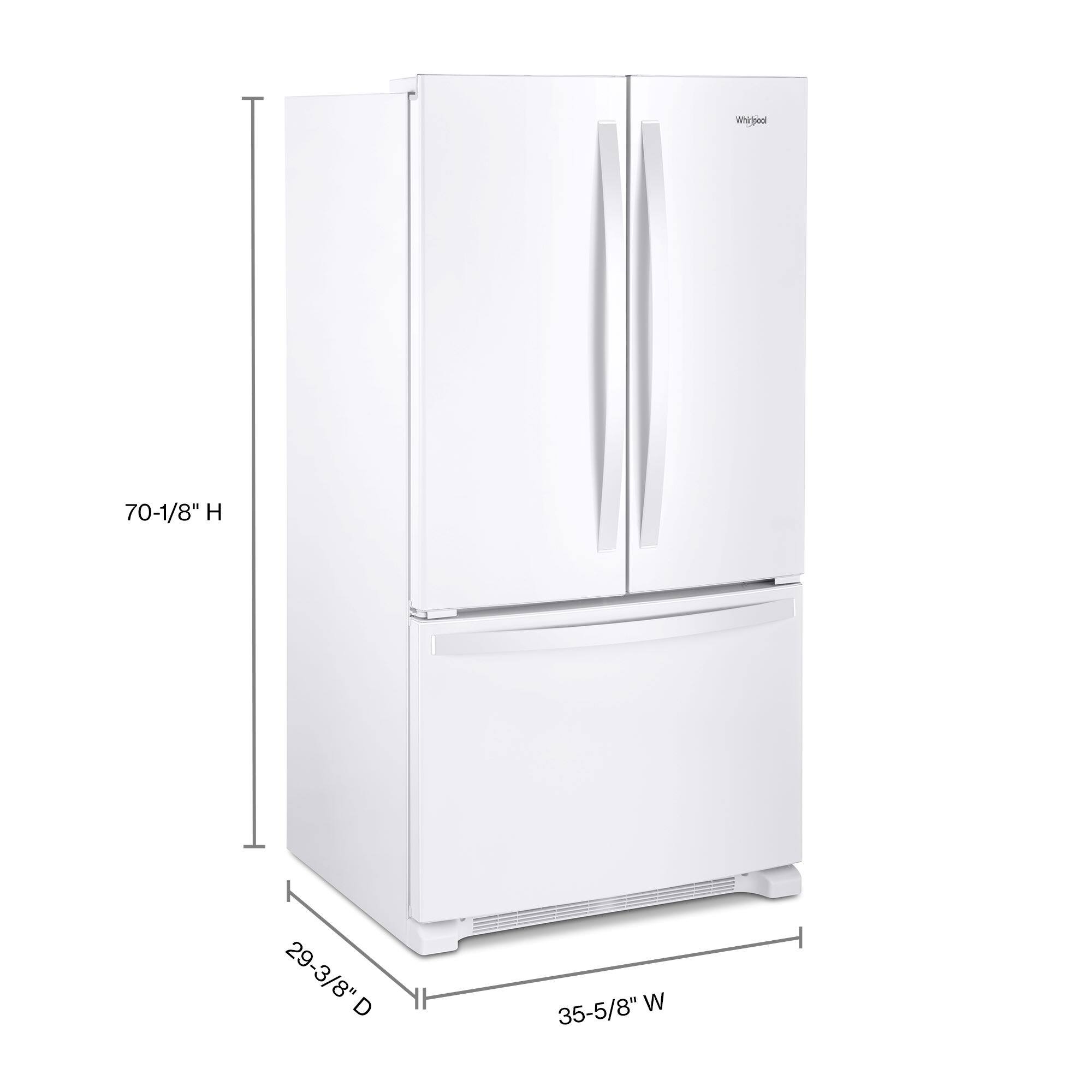 The text on the image reads "Whirlpool 70-1/8" H 29-3/8" W 35-5/8" D." This information is likely related to the dimensions of the refrigerator, such as its height, width, and depth.
