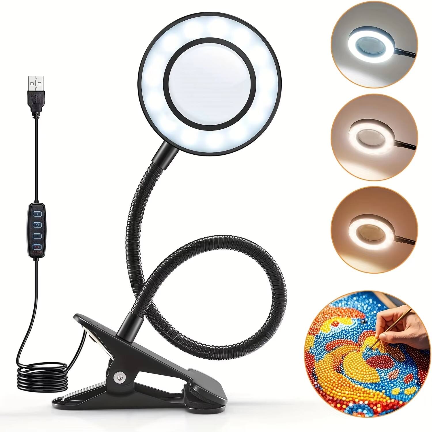 Front. Luckbyte - 48 LED Magnifying Desk Lamp with Clamp, 5X Magnifier Glass, 3 Color Modes & Stepless Dimming, Flexible Gooseneck Light.