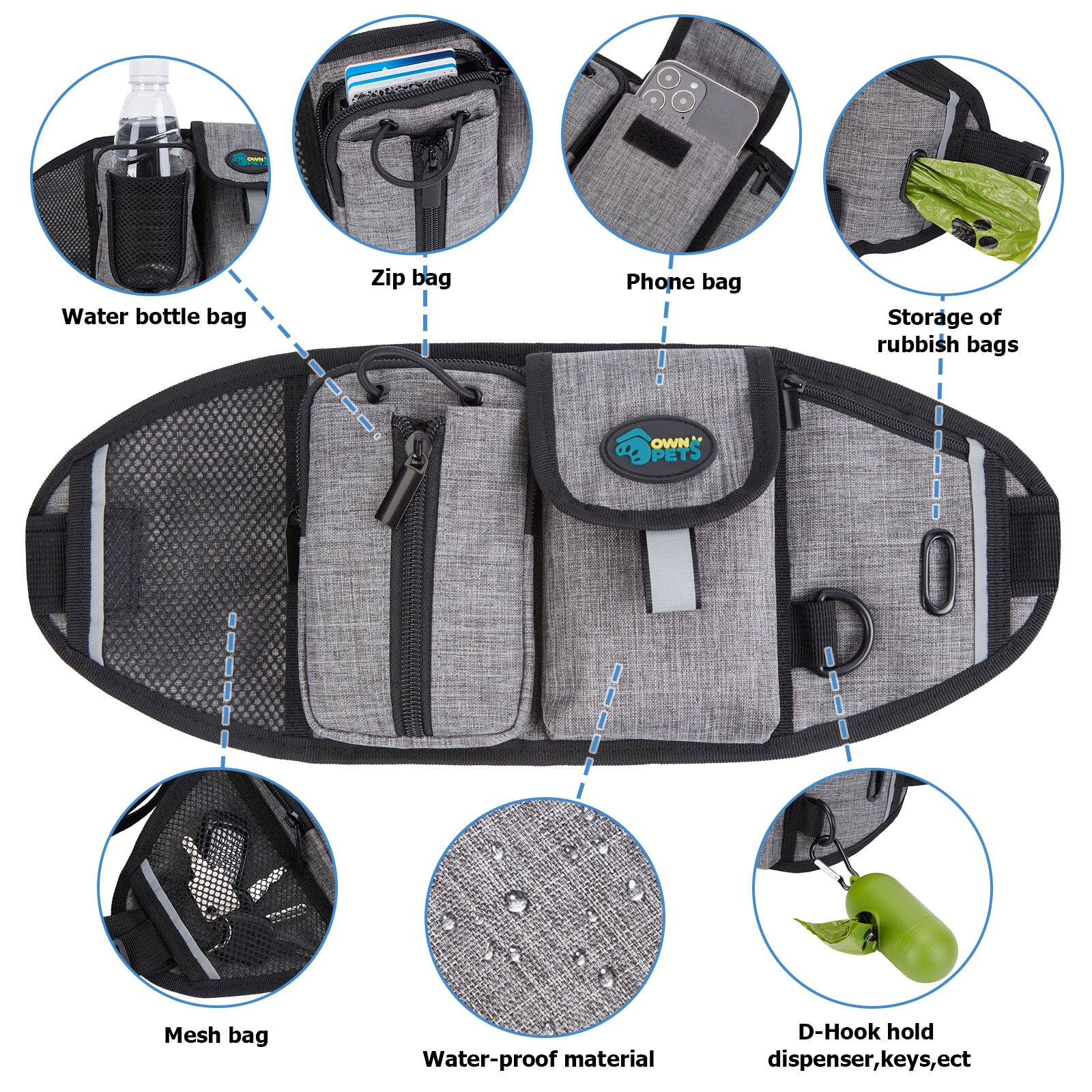 Brein
Water bottle bag
Zip bag
Phone bag
Storage of rubbish bags
OWN' OPETS
Mesh bag
Water-proof material
D-Hook hold dispenser, keys, etc