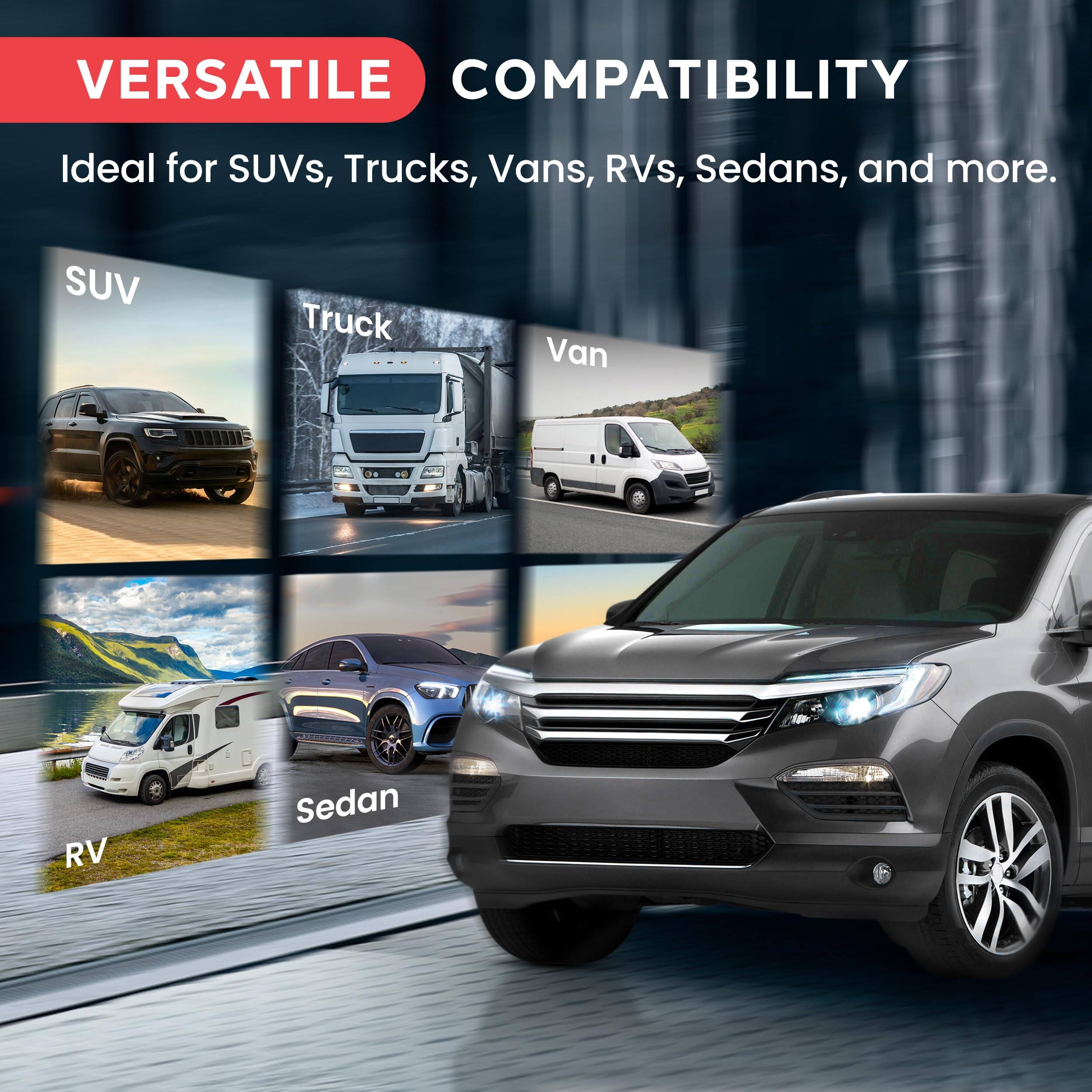 VERSATILE COMPATIBILITY  
Ideal for SUVs, Trucks, Vans, RVs, Sedans, and more.  

SUV  
Truck  
Van  
RV  
Sedan