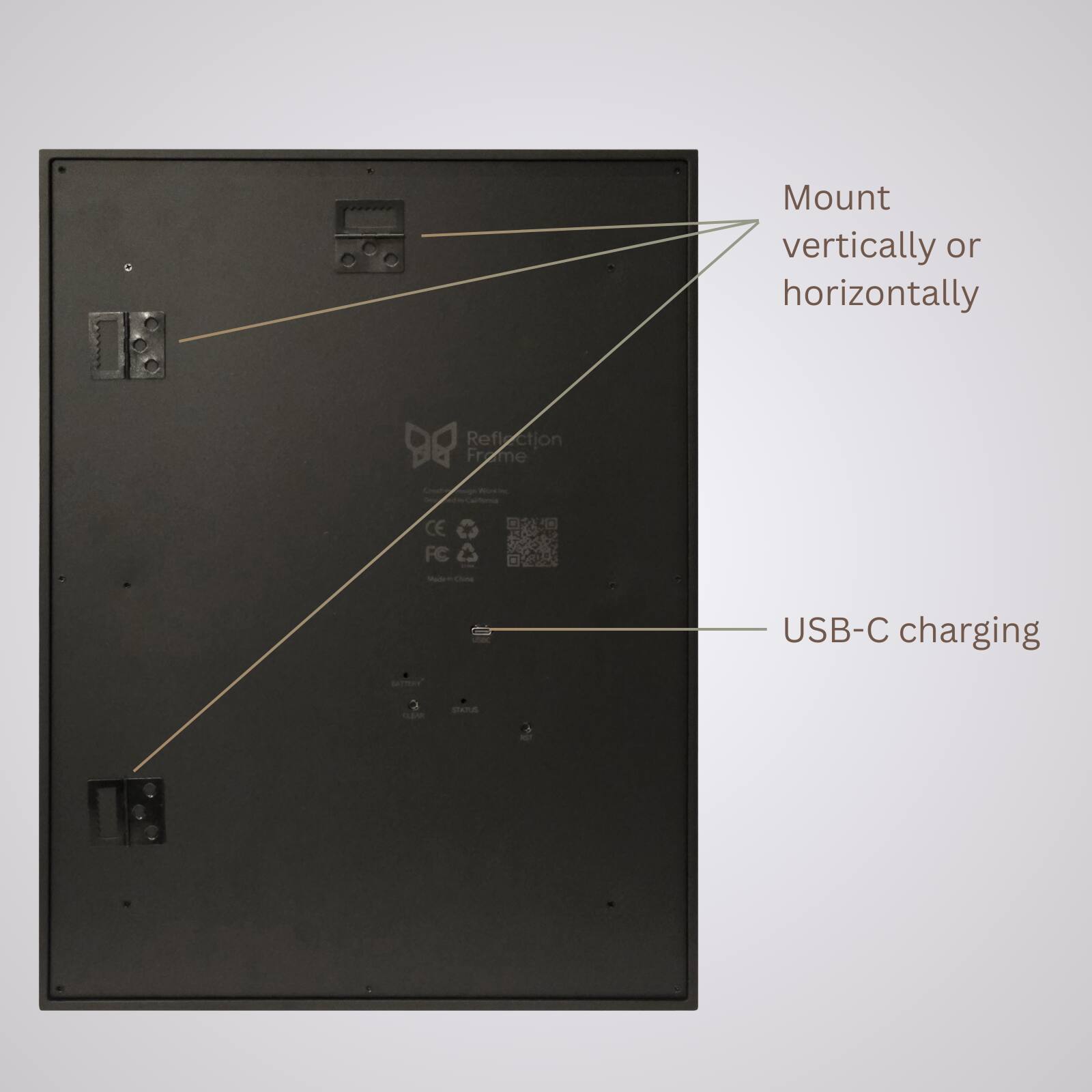 Mount vertically or horizontally  
USB-C charging  
Reflex Frame  
CE  
FC