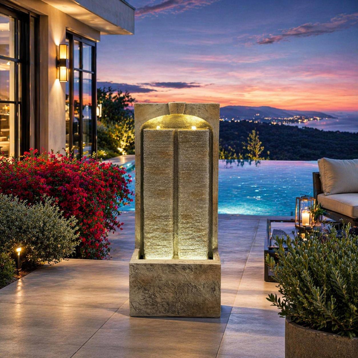Angle. RYHNUYNE - 39" Outdoor Water Fountain with Pump – Modern Cascading Freestanding Wall Water Feature.