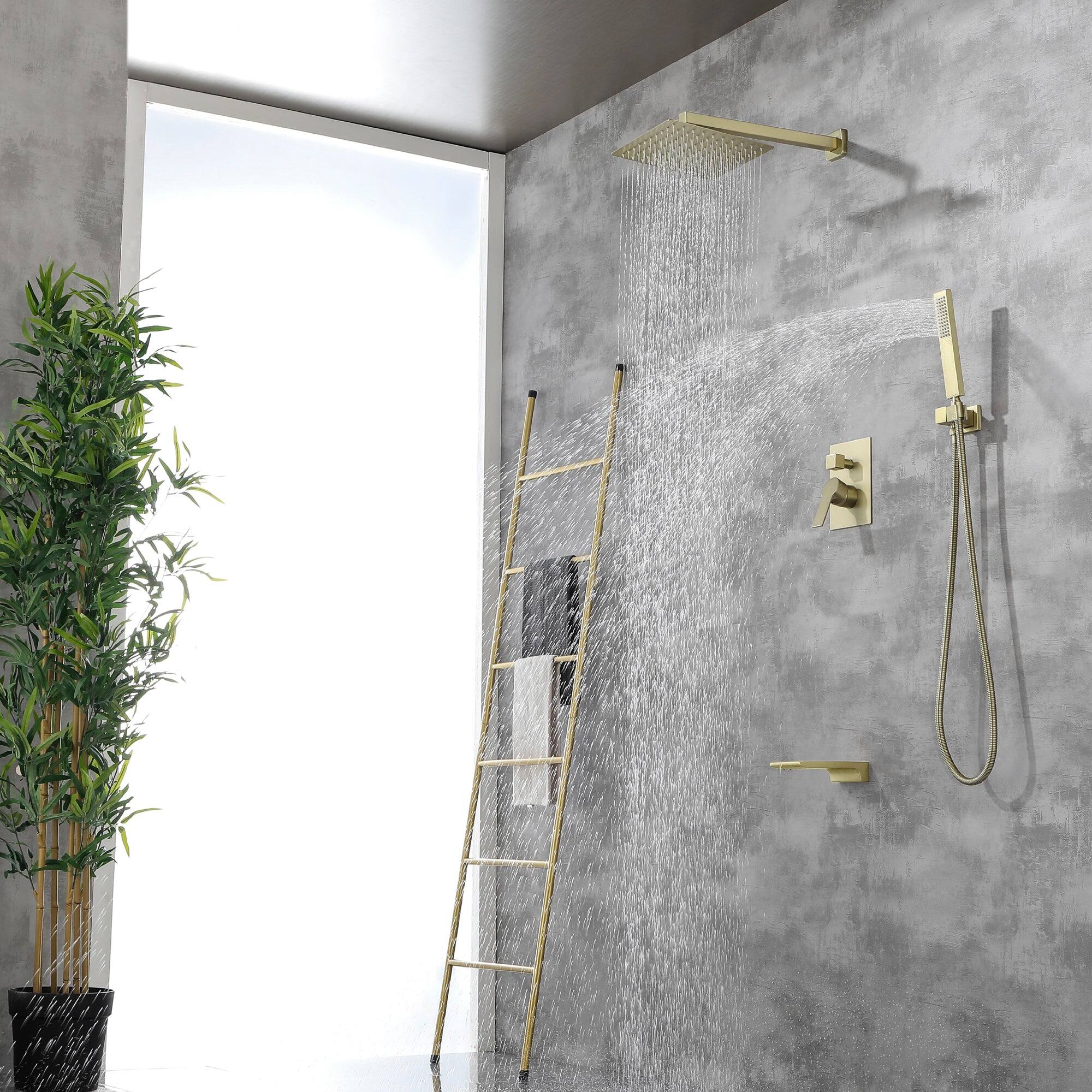 Left. Boyel Living - Wall Mount Single-Handle 1-Spray Tub and Shower Faucet with 10 in. Fixed Shower Head in Brushed Gold (Valve Included) - Brushed Gold.