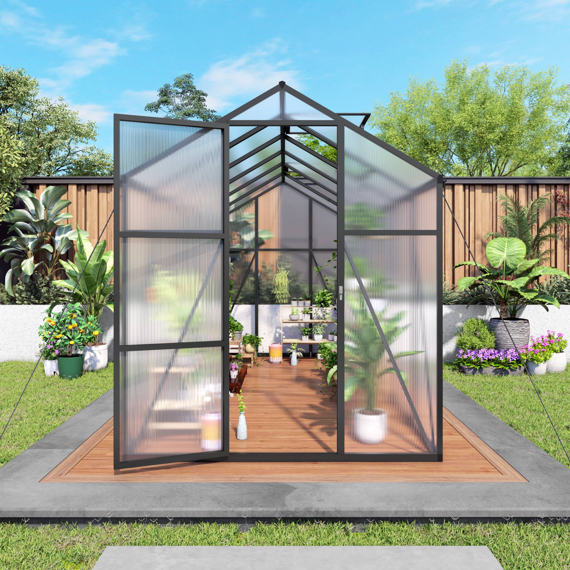 Angle. Mondawe - 6x12FT Polycarbonate Garden Greenhouse with Sturdy Aluminum Frame, Adjustable Vents, Lockable Door - Black.