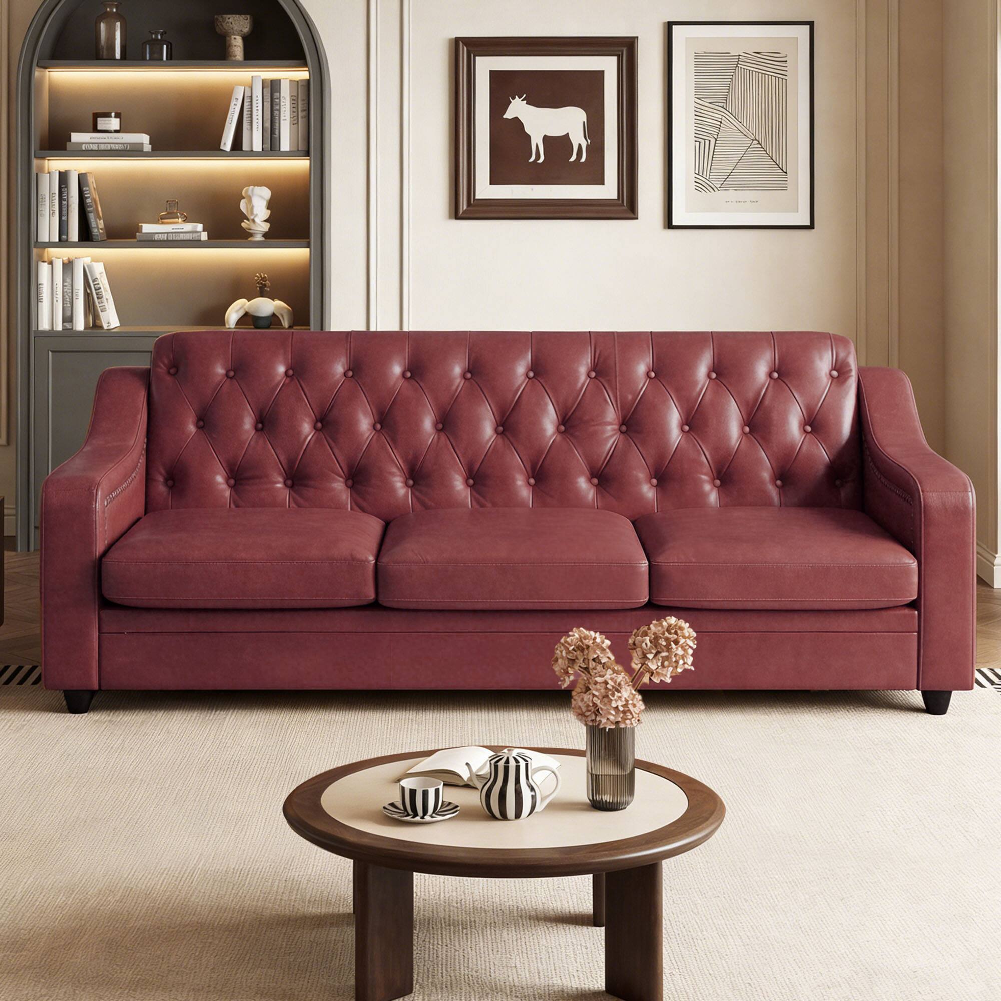 Dyonery - 78.7" Three Seater Sofa, Chesterfield Sofa, Mid-Century Modern PU Upholstered, Deep Button TuftedRoom Sofa，Wine Red - Wine Red