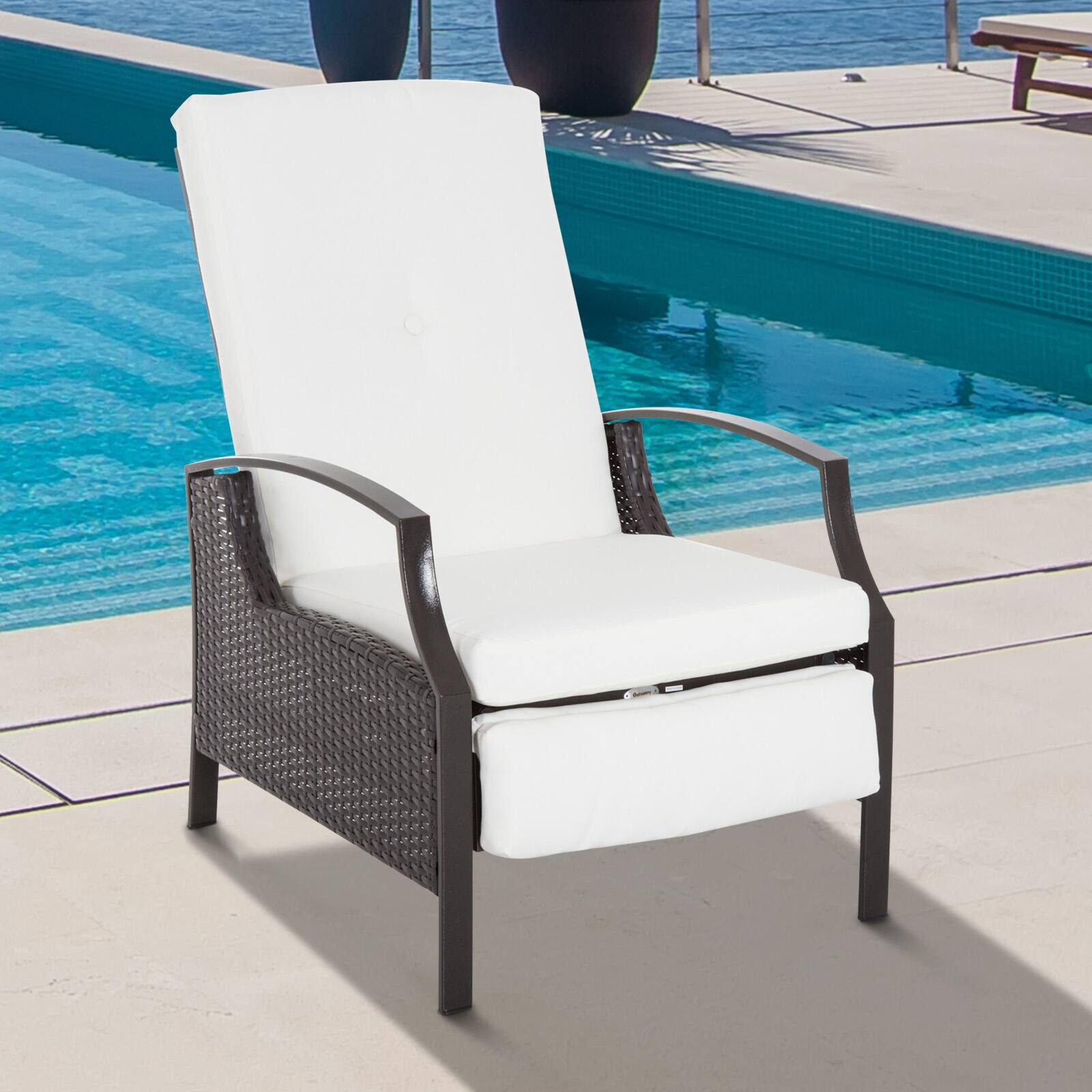 Alt View 1. Outsunny - Outdoor Recliner Chair, Reclining Patio Lounge Chair with Comfy Cushions, Footrest, Armrests, PE Wicker for Balcony - White.