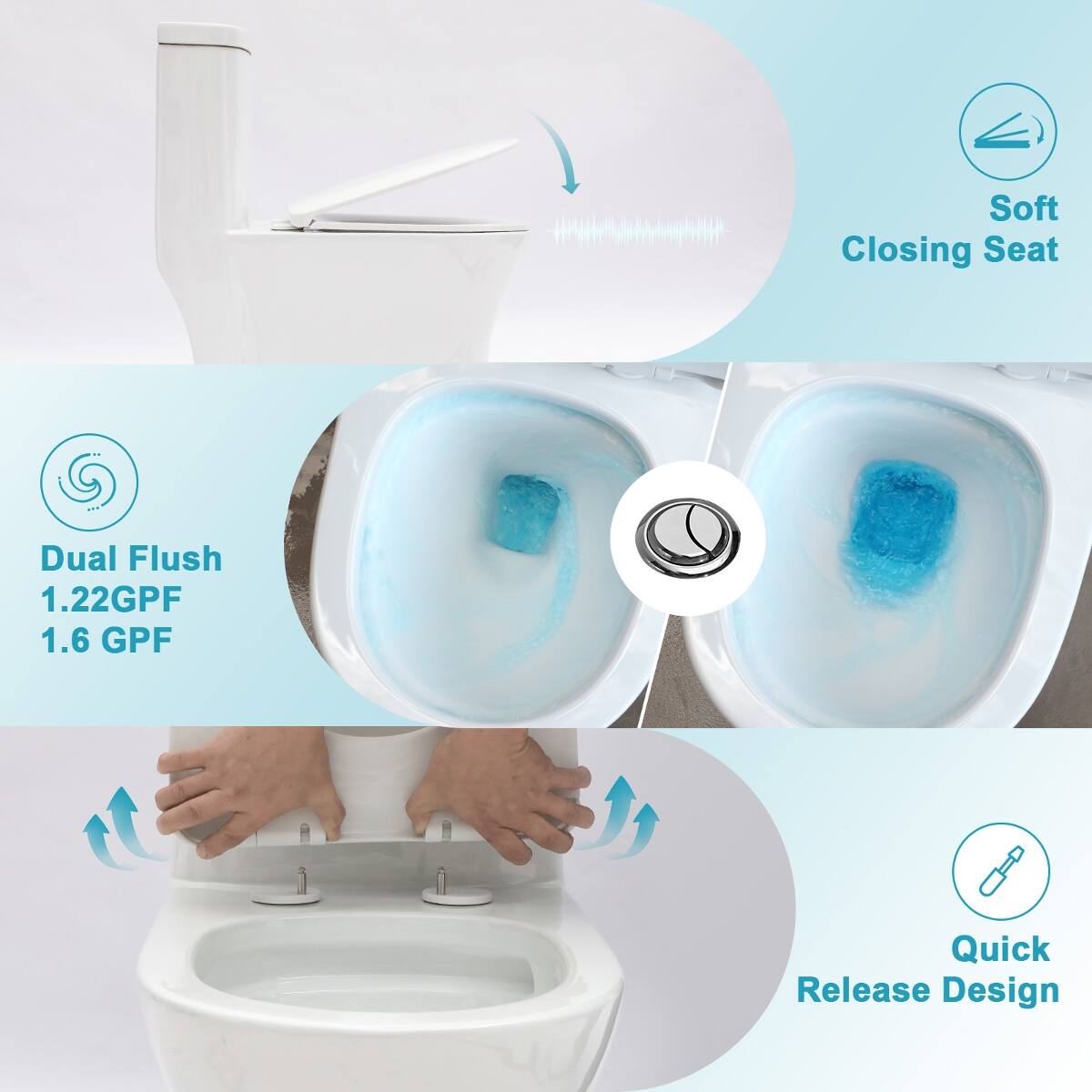 Soft Closing Seat  
Dual Flush 1.22GPF 1.6 GPF  
Quick Release Design