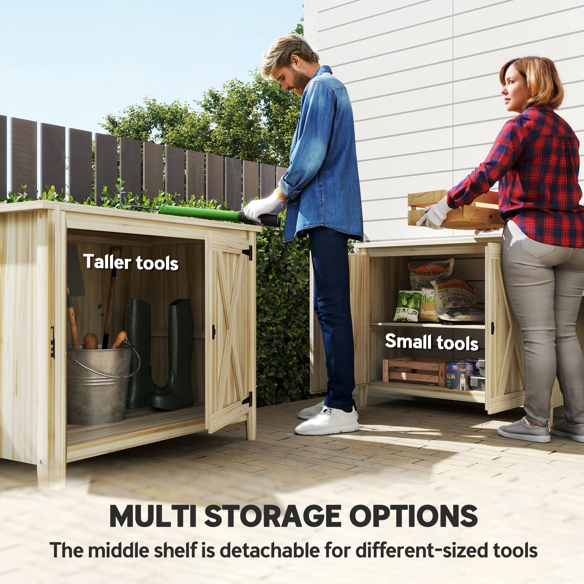 Taller tools  
Small tools  

MULTI STORAGE OPTIONS  
The middle shelf is detachable for different-sized tools