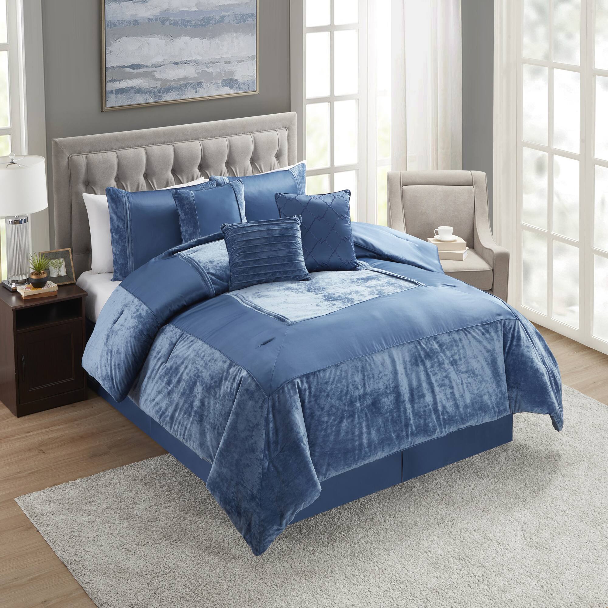 Sweet Home Collection - 7 Piece Luna Crushed Velvet Elegant Comforter & Decorative Pillow Set - Queen - Navy