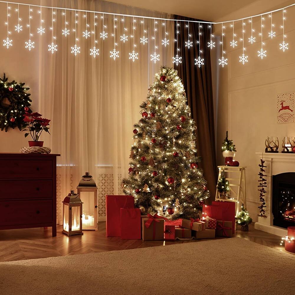 Angle. MOSZAR LLC - Snowflake Curtain Lights – 288 LEDs, 24 Drops, Cool White.