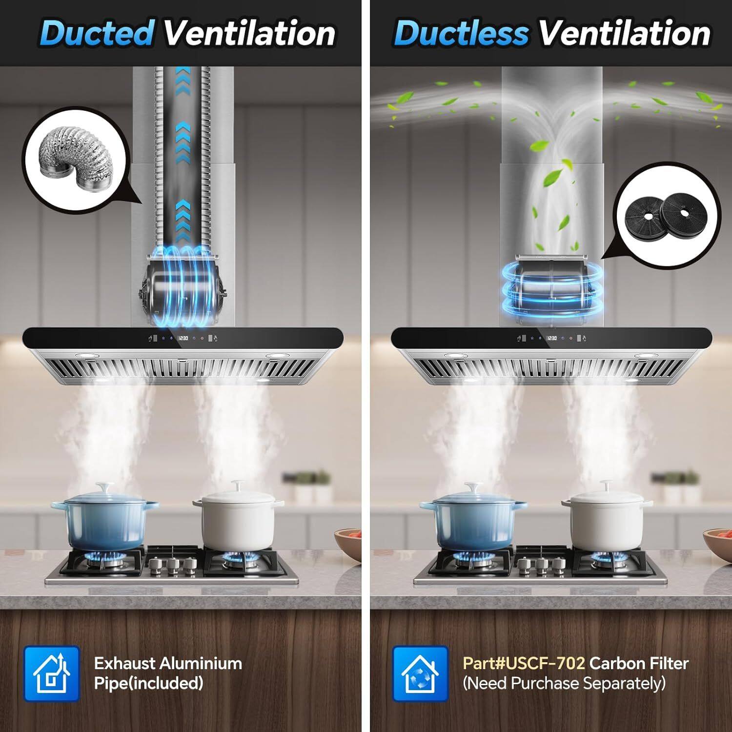 Ducted Ventilation  
- Exhaust Aluminium Pipe (included)  

Ductless Ventilation  
- Part#USCF-702 Carbon Filter (Need Purchase Separately)