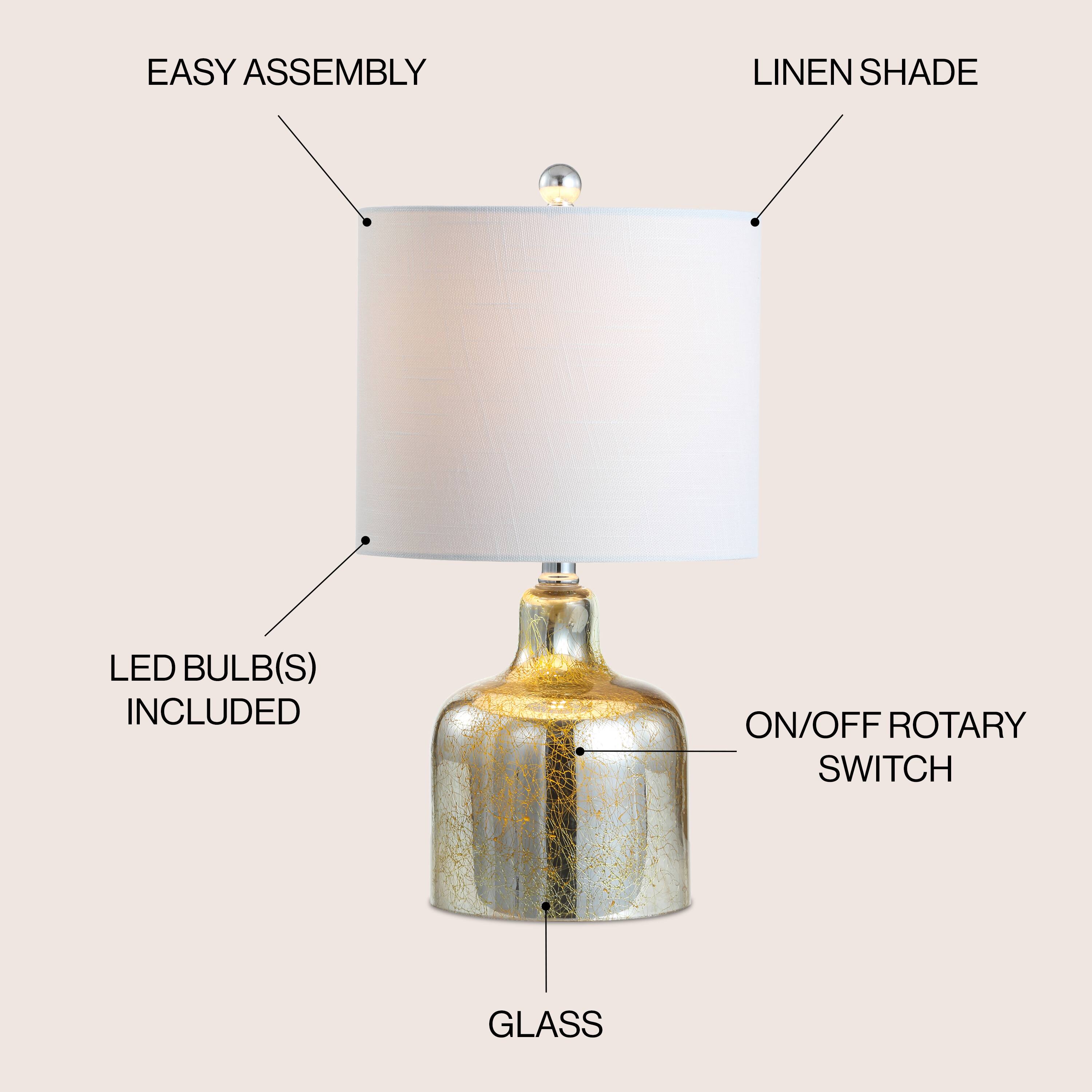 EASY ASSEMBLY  
LINEN SHADE  
LED BULB(S) INCLUDED  
ON/OFF ROTARY SWITCH  
GLASS