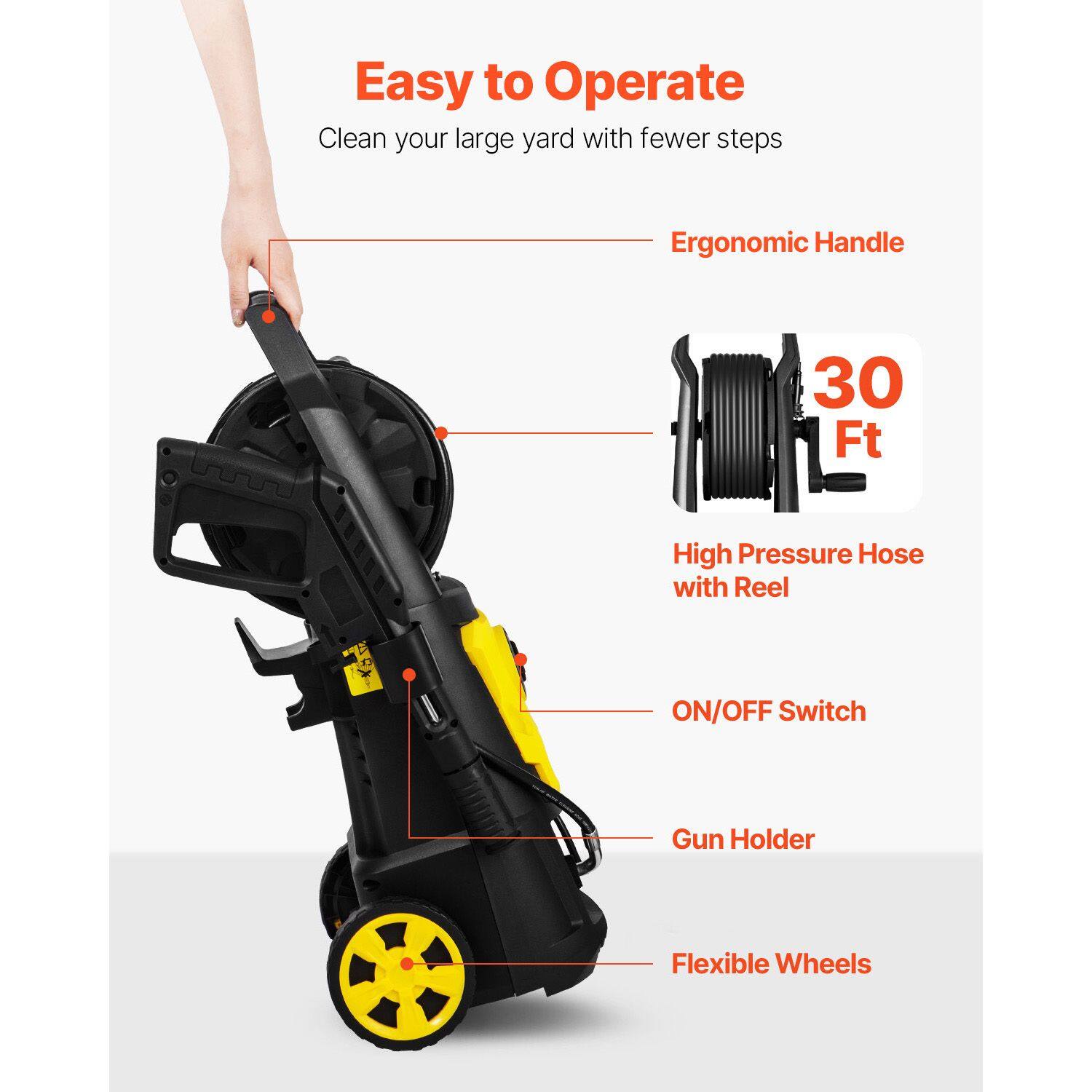 Easy to Operate  
Clean your large yard with fewer steps

- Ergonomic Handle
- 30 Ft High Pressure Hose with Reel
- ON/OFF Switch
- Gun Holder
- Flexible Wheels