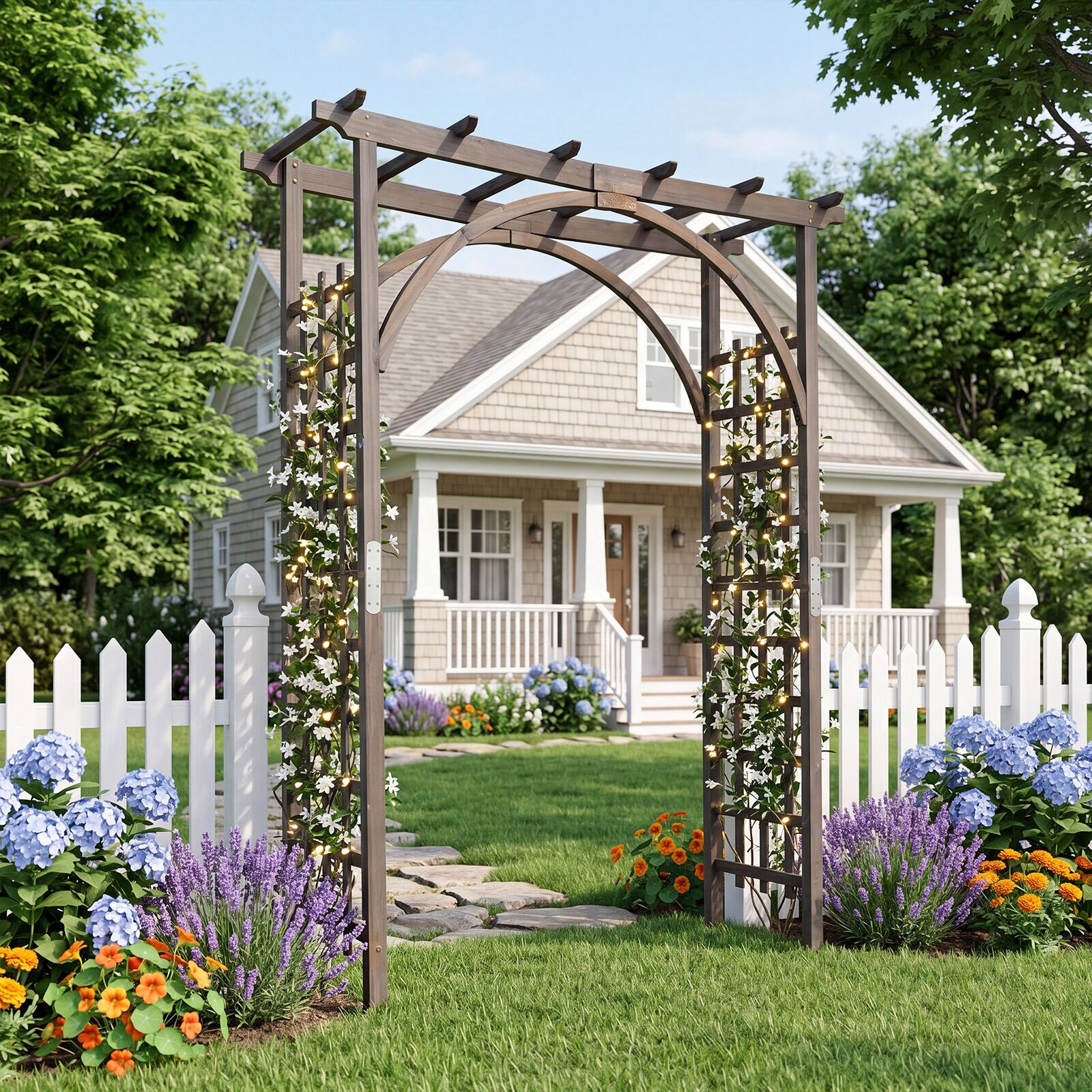 Alt View 3. Gymax - Gymax Flat Top Garden Arch Trellis 85'' Tall Wood Garden Arbor for Climbing Plants - Brown.
