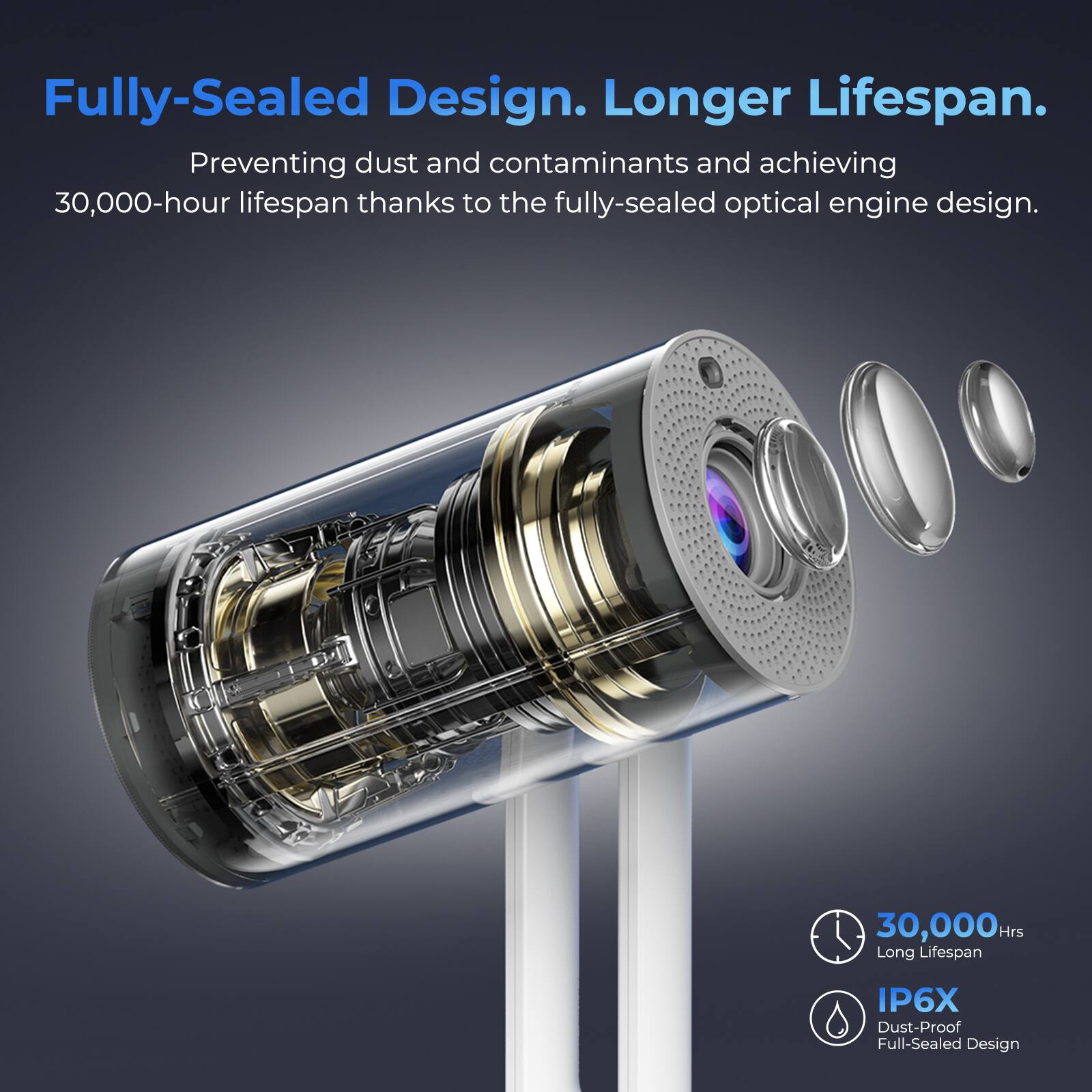 Fully-Sealed Design. Longer Lifespan.

Preventing dust and contaminants and achieving 30,000-hour lifespan thanks to the fully-sealed optical engine design.

30,000 Hrs Long Lifespan

IP6X Dust-Proof Full-Sealed Design