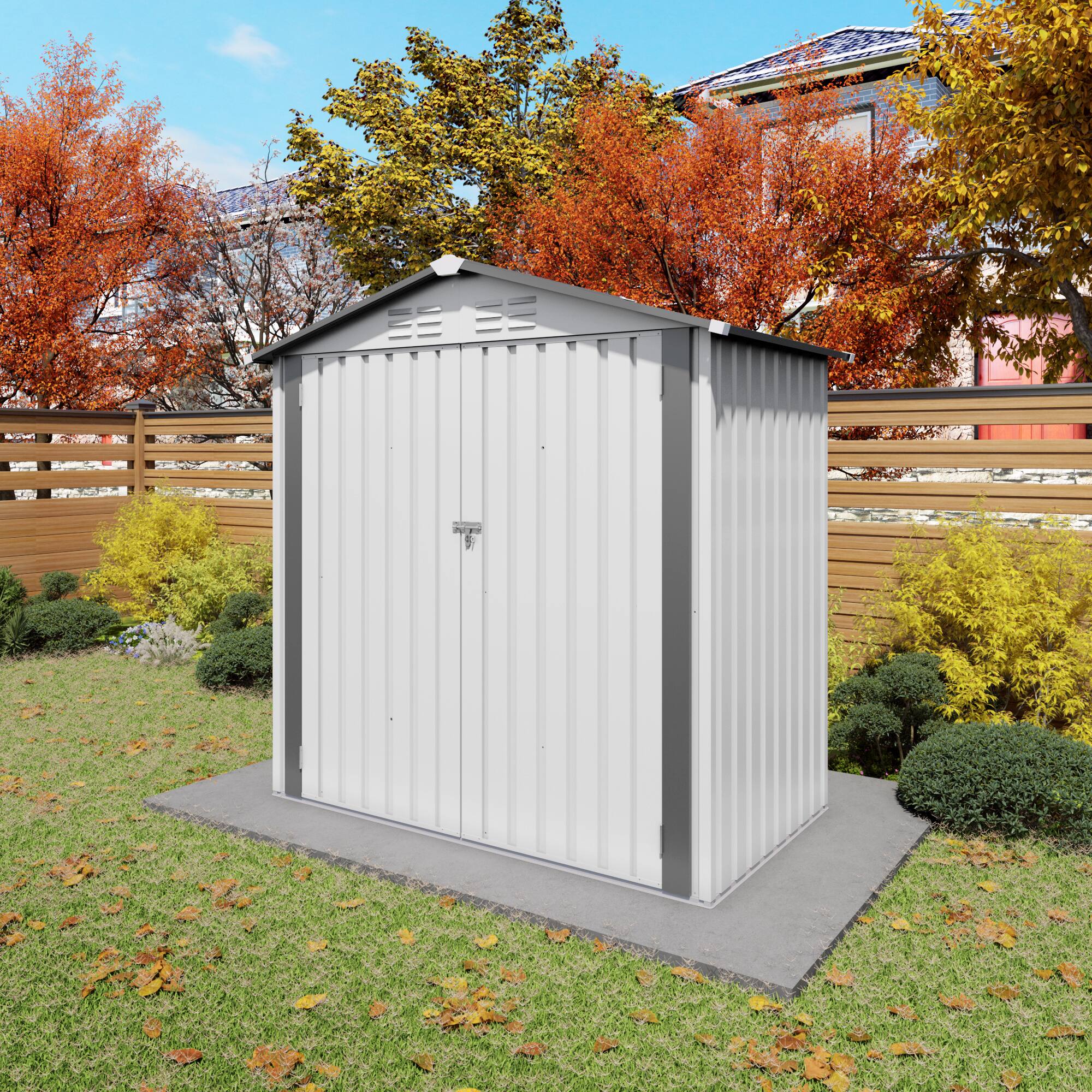 Back. Mondawe - 6X4FT Metal Storage Shed with Peaked Roof Waterproof,Clear Window and Lockable Door - White+gray.