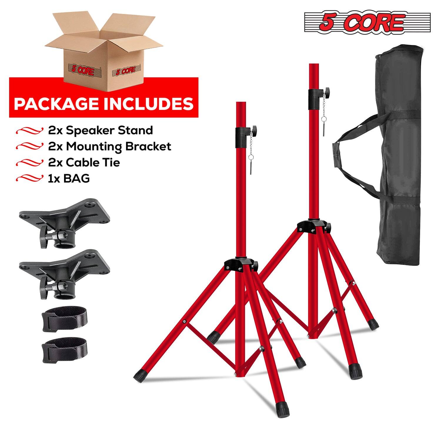 The corrected text from the image is:

"5 CORE PACKAGE INCLUDES
2x Speaker Stand
2x Mounting Bracket
2x Cable Tie
1x BAG"