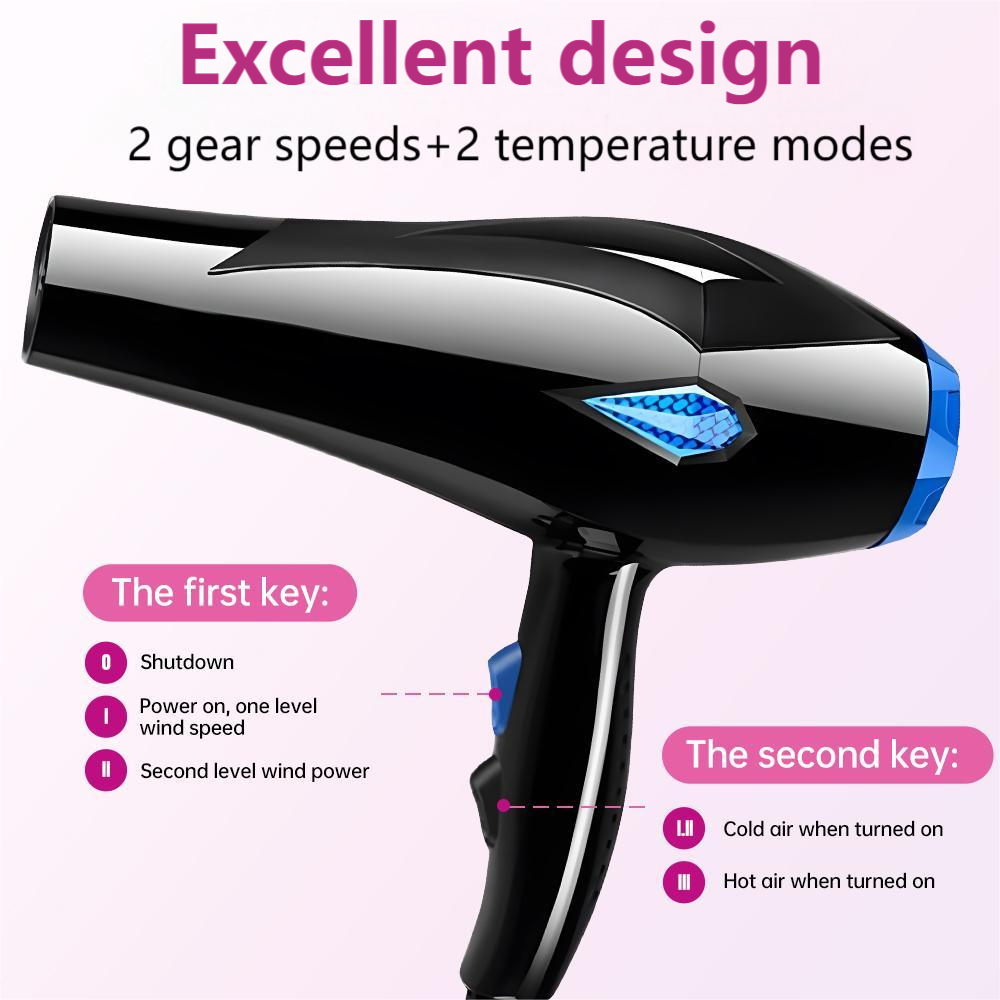 Excellent design  
2 gear speeds + 2 temperature modes  

The first key:  
- Shutdown  
- Power on, one level wind speed  
- Second level wind power  

The second key:  
- Cold air when turned on  
- Hot air when turned on