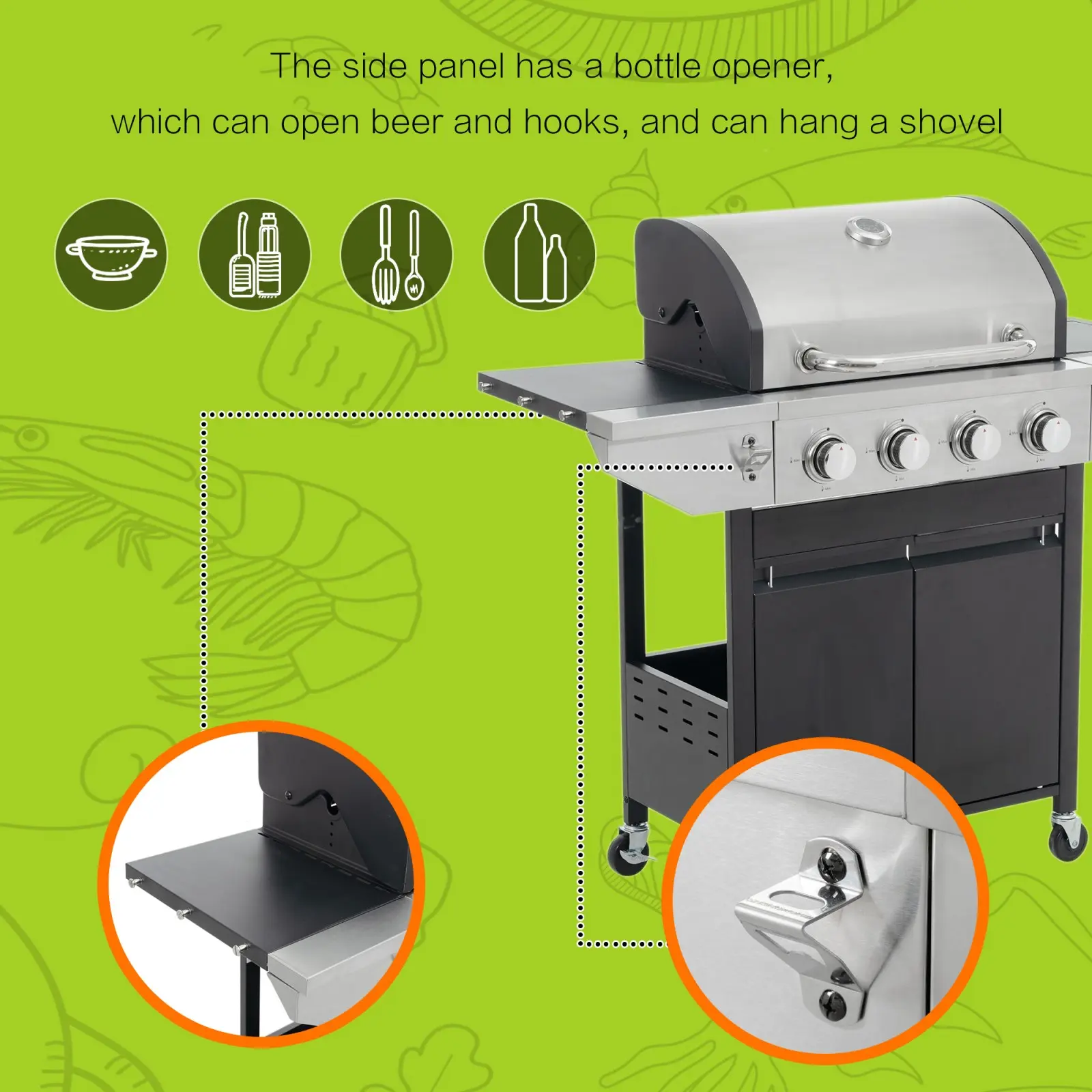 The side panel has a bottle opener, which can open beer and hooks, and can hang a shovel.