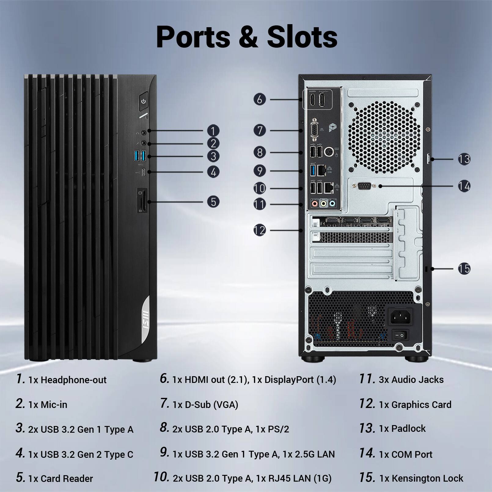 Ports & Slots

1. 1x Headphone-out
2. 1x Mic-in
3. 2x USB 3.2 Gen 1 Type A
4. 1x USB 3.2 Gen 2 Type C
5. 1x Card Reader
6. 1x HDMI out (2.1), 1x DisplayPort (1.4)
7. 1x D-Sub (VGA)
8. 2x USB 2.0 Type A, 1x PS/2
9. 1x USB 3.2 Gen 1 Type A, 1x 2.5G LAN
10. 2x USB 2.0 Type A, 1x RJ45 LAN (1G)
11. 3x Audio Jacks
12. 1x Graphics Card
13. 1x Padlock
14. 1x COM Port
15. 1x Kensington Lock