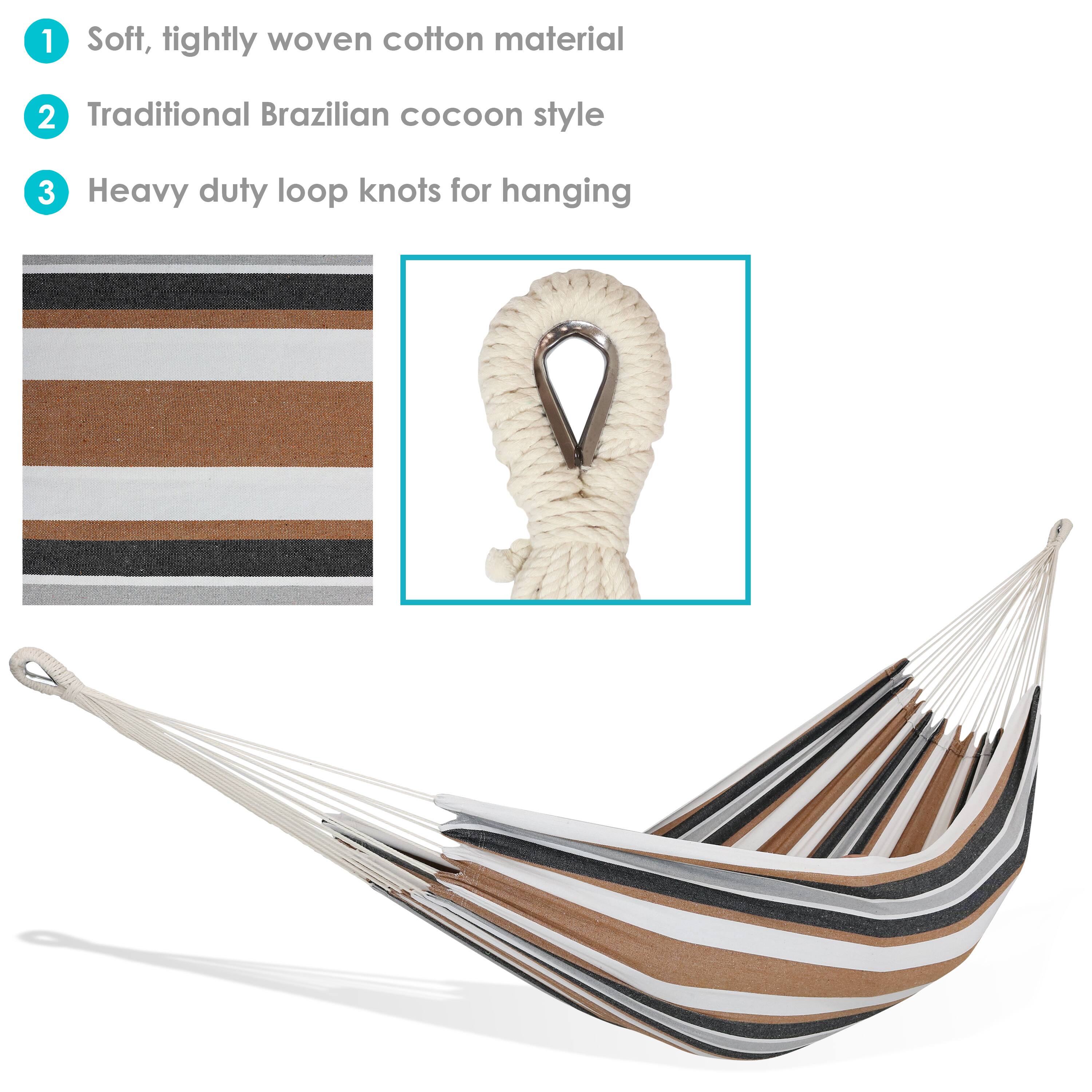 1. Soft, tightly woven cotton material  
2. Traditional Brazilian cocoon style  
3. Heavy duty loop knots for hanging