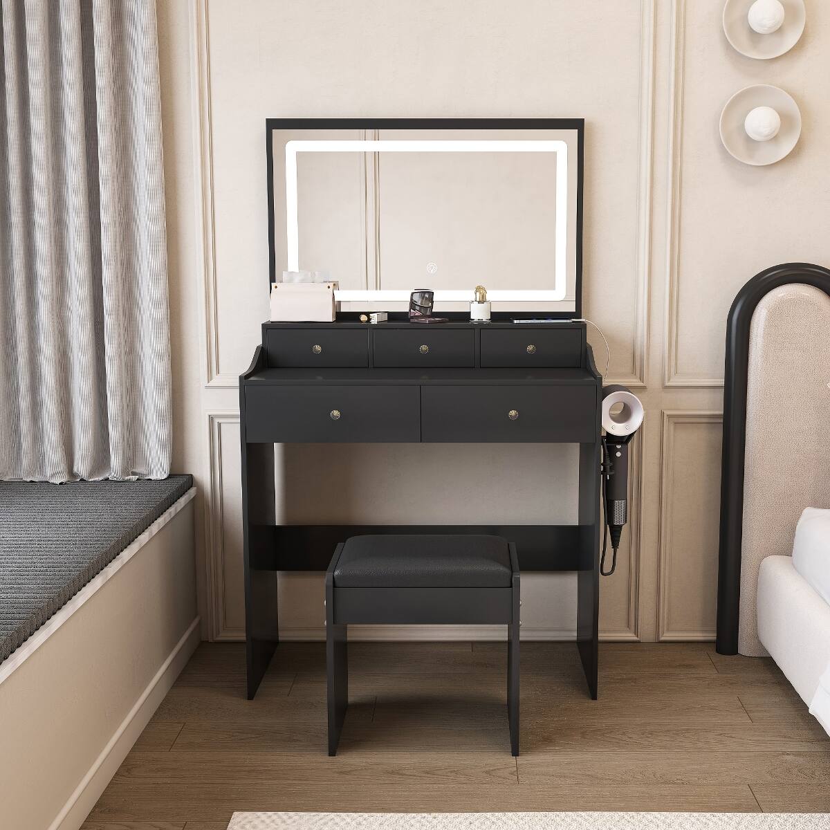 Front. Loheer - Loheer Large Mirror Makeup Vanity Desk with Power Outlet and Adjustable Lighting for Bedroom - Black.