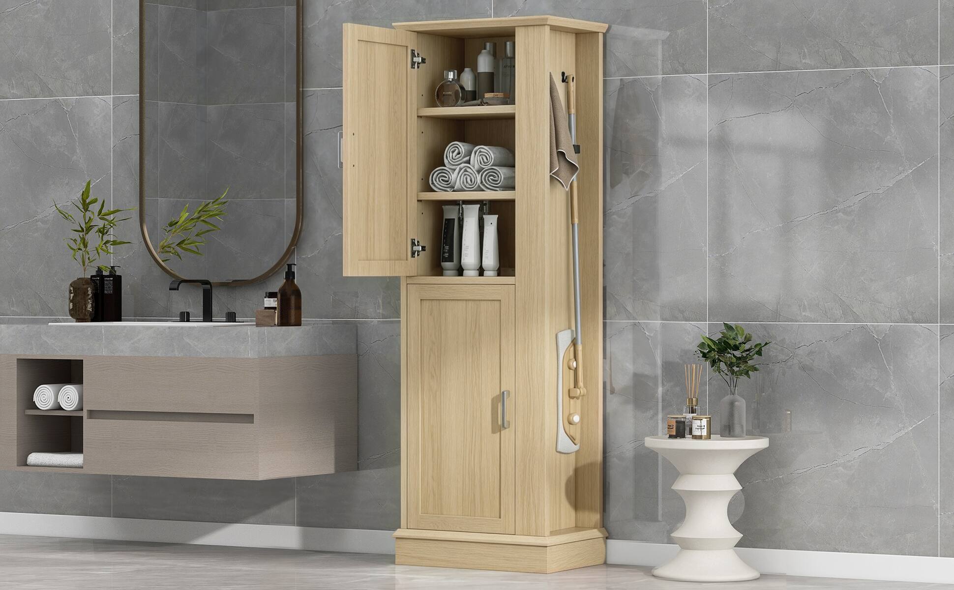 Alt View 6. Loheer - Loheer Tall Bathroom Storage Cabinet Freestanding Organizer with Adjustable Shelves and Hooks Natural MDF - Natural.