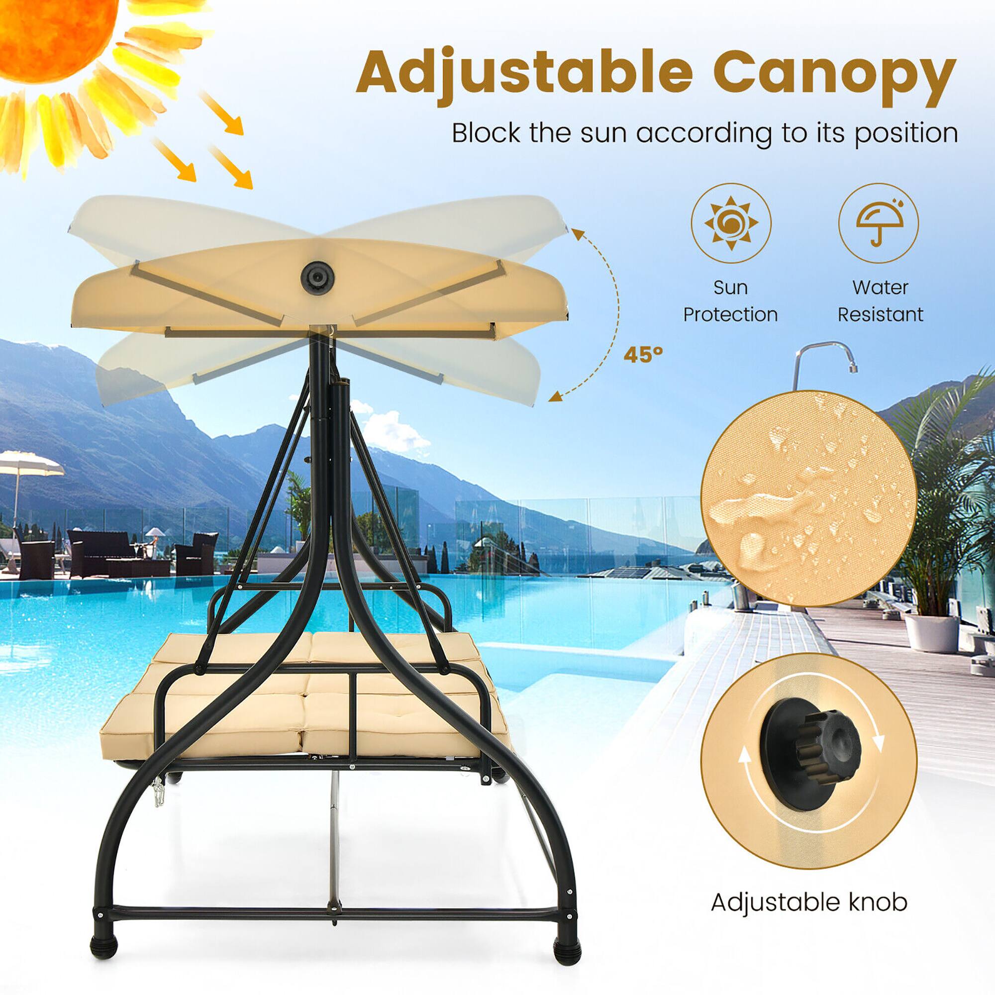Alt View 5. Gymax - Gymax 3-Seat Outdoor Converting Patio Swing Glider Adjustable Canopy Porch Swing Beige - Beige.
