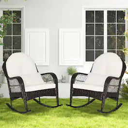 Costway - 2PCS Patio Wicker Rocking Chair W/Seat Back Cushions & Lumbar Pillow Balcony - Mix Brown + Off White