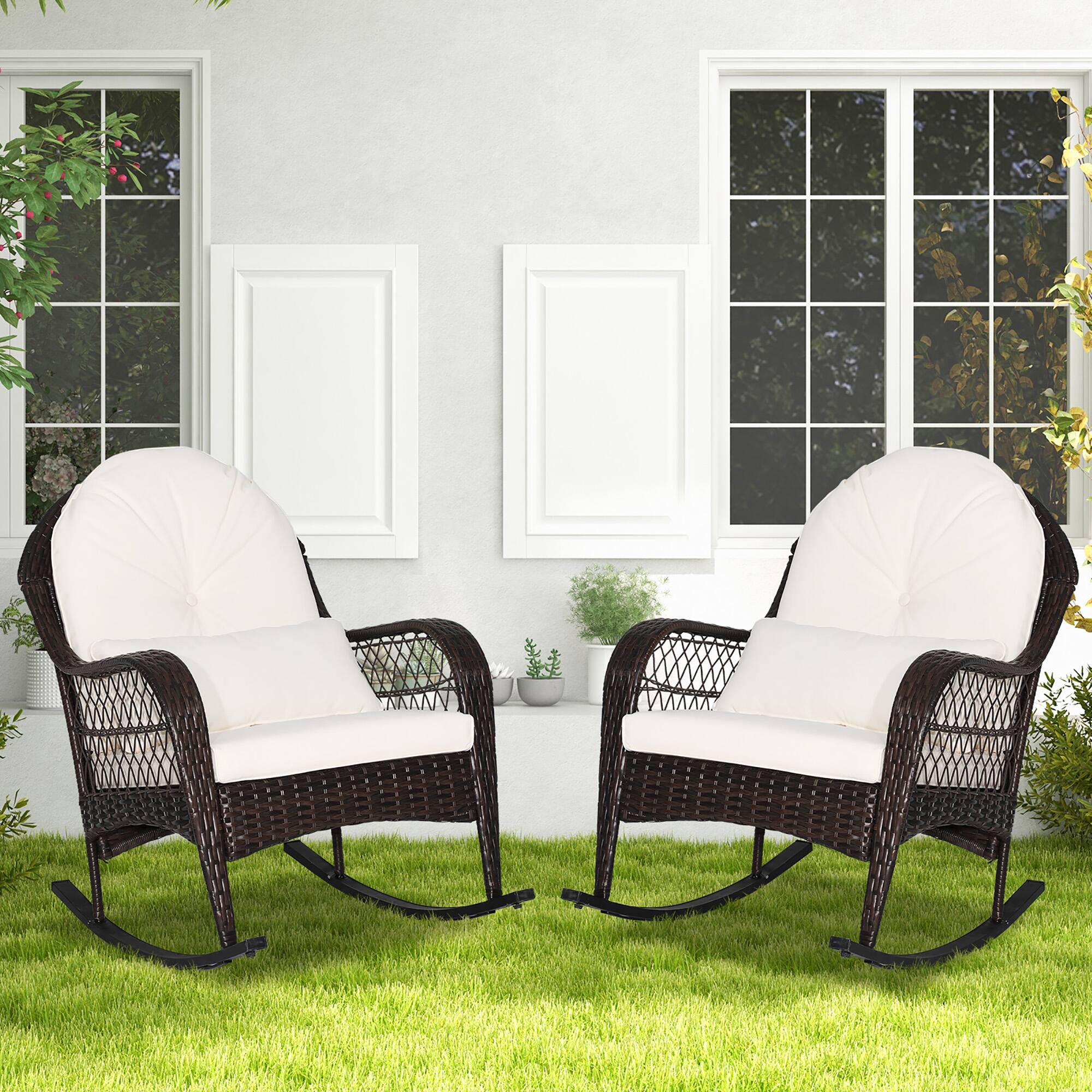 Alt View 1. Costway - Costway 2PCS Patio Wicker Rocking Chair W/Seat Back Cushions & Lumbar Pillow Balcony - Off White.
