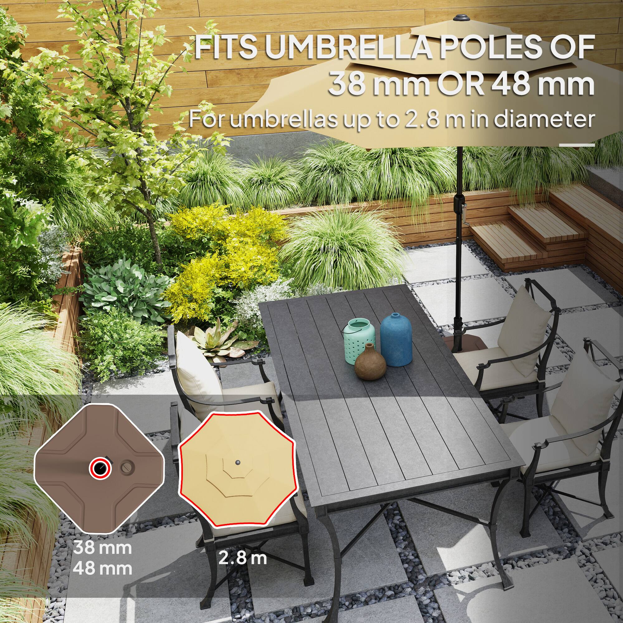 FITS UMBRELLA POLES OF 38 mm OR 48 mm, For umbrellas up to 2.8 m in diameter, 38 mm, 48 mm, 2.8 m