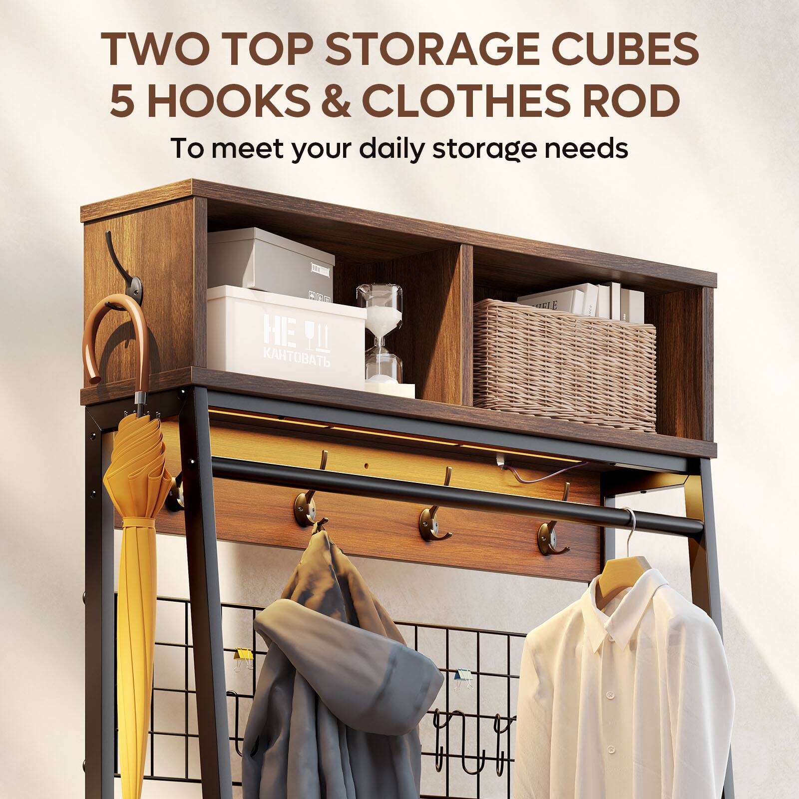 Two top storage cubes with 5 hooks and clothes rod to meet your daily storage needs.