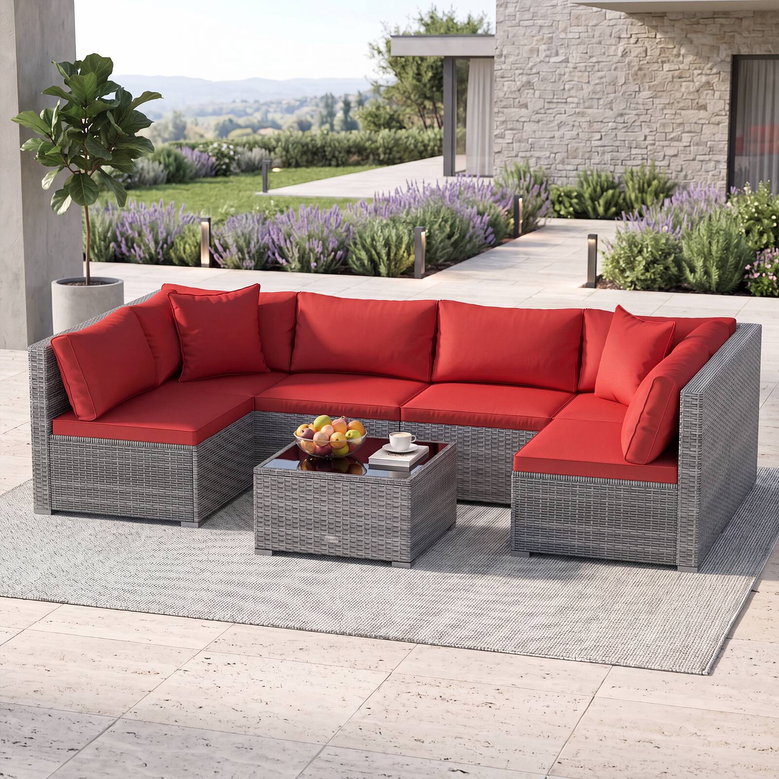 Alt View 4. Costway - 7PCS Patio Rattan Furniture Set Sectional Sofa Garden Cushion - Red.
