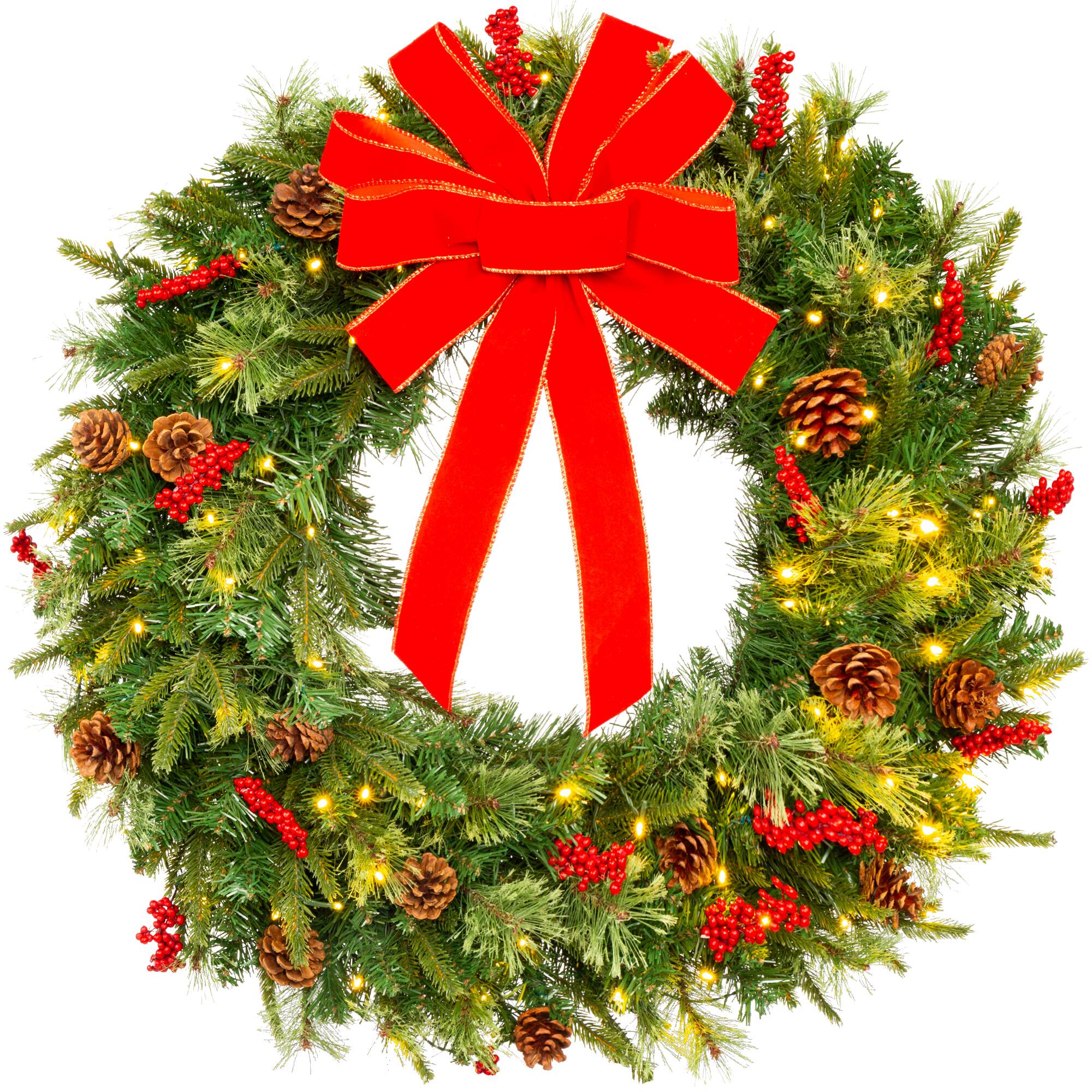 Best Choice Products - 24in Pre-Lit Battery Powered Christmas Wreath Decoration w/ 70 Lights, 96 PVC Tips, Ribbons - Green