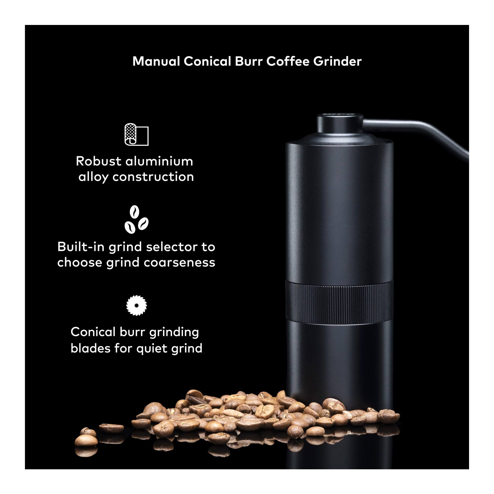 Manual Conical Burr Coffee Grinder

- Robust aluminium alloy construction
- Built-in grind selector to choose grind coarseness
- Conical burr grinding blades for quiet grind