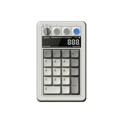 The image features a small white calculator with a blue button on the top. The calculator has a display that reads "88." The calculator is designed to perform basic arithmetic operations, such as addition, subtraction, multiplication, and division. The calculator also has a "clear" button, which can be used to clear the display and start a new calculation. The calculator is likely intended for use in various settings, such as offices, schools, or homes, for tasks like balancing budgets, solving math problems, or performing other calculations.