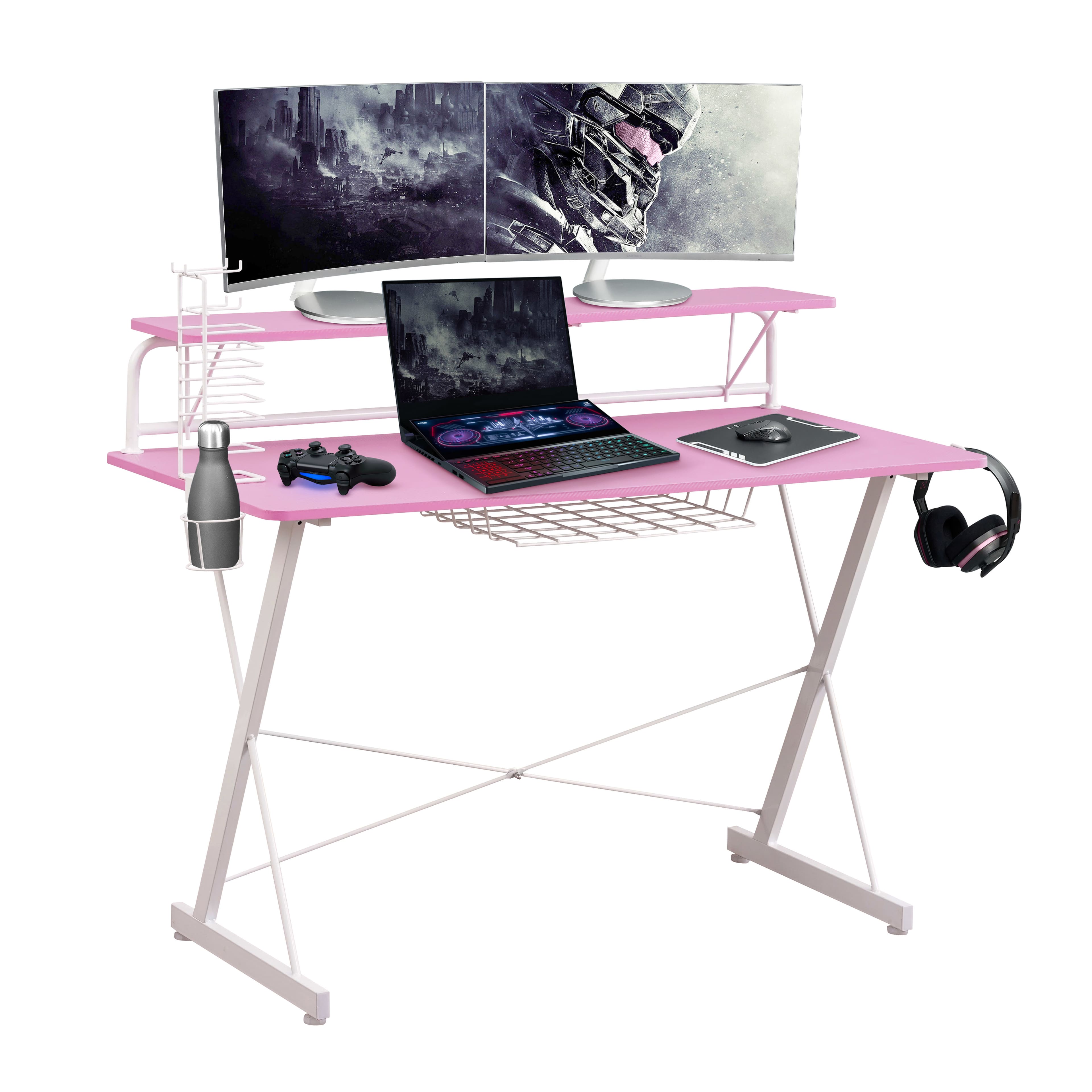 Spaco - 47.25 Inch Carbon Finish Gaming Desk, Adjustable Racks Cup Holder, Steel Frame MDF Top for PC Setup Home Office - Pink