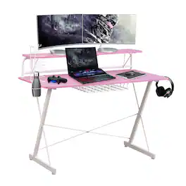 Spaco - 47.25 Inch Carbon Finish Gaming Desk, Adjustable Racks Cup Holder, Steel Frame MDF Top for PC Setup Home Office - Pink